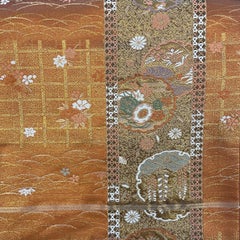Ceinture en soie de kimono japonais Vintage Fleurs Orange-dorée années 1960