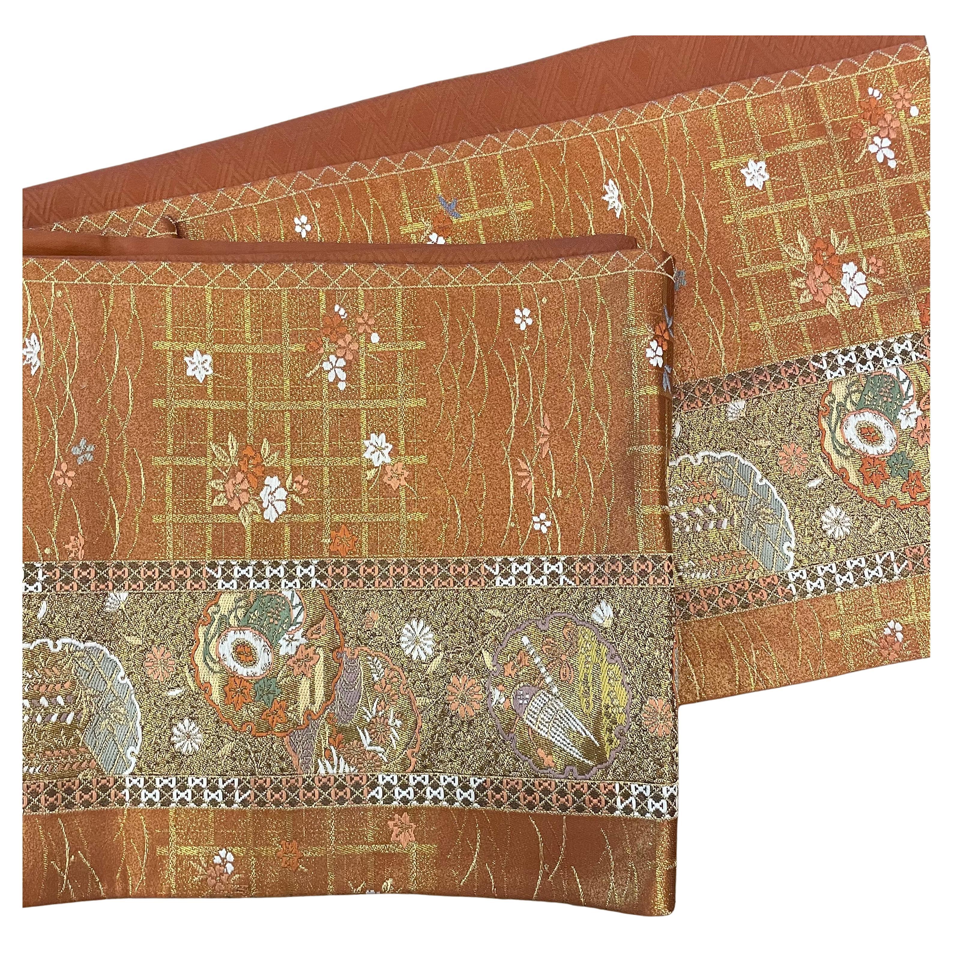 Japanischer Vintage Kimono Seidengürtel Blumen orange-gold 1960s