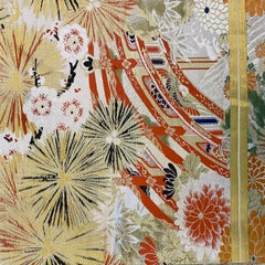 Japanese Vintage Kimono Silk Belt Gold flowers Maru-obi 1920s