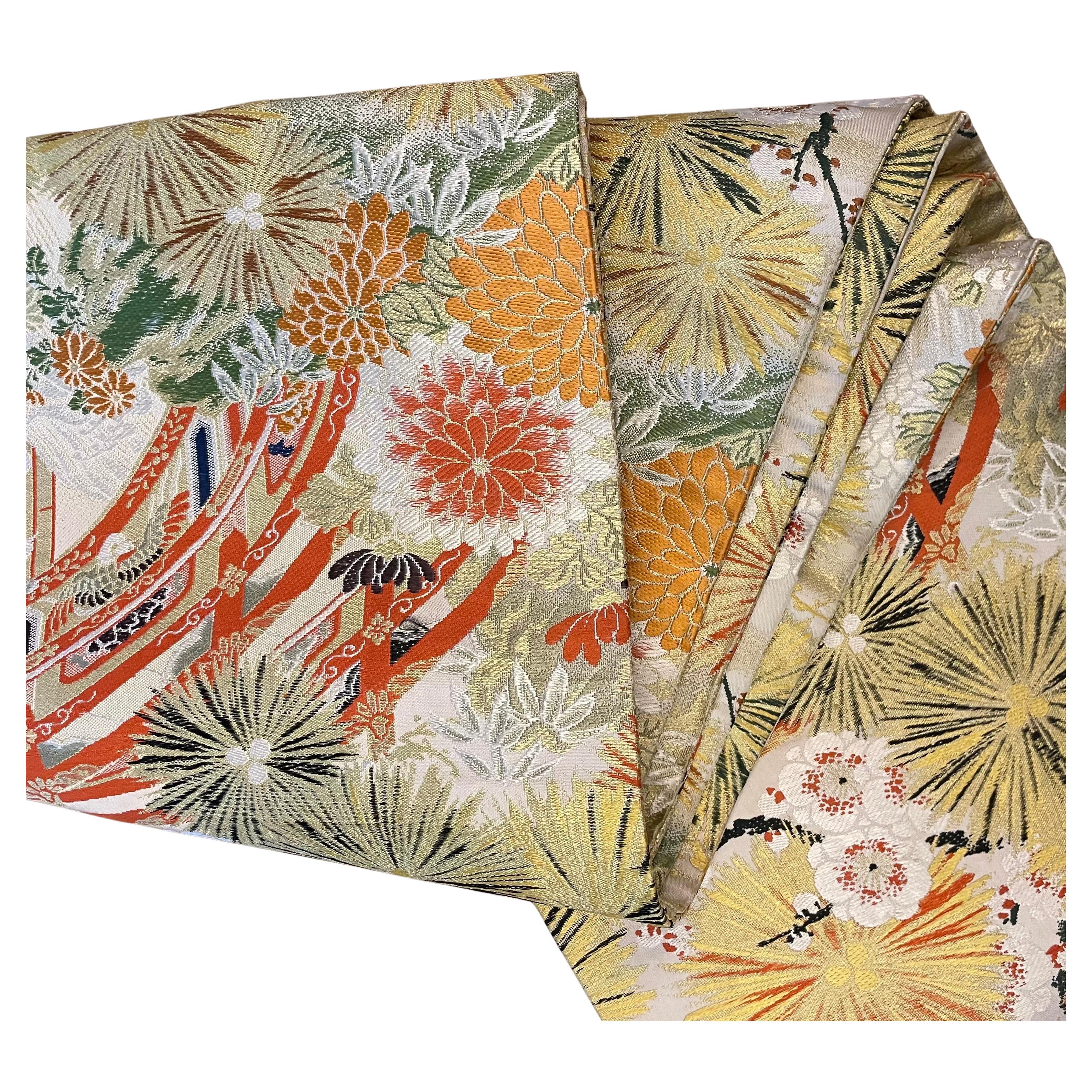 Ceinture de Kimono Japonais Vintage en Soie Fleurs d
Or Maru-obi 1920s