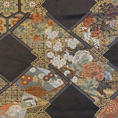 Japanese Vintage Kimono Silk Belt Obi Dark-Brown and Gold Flowers 1960s