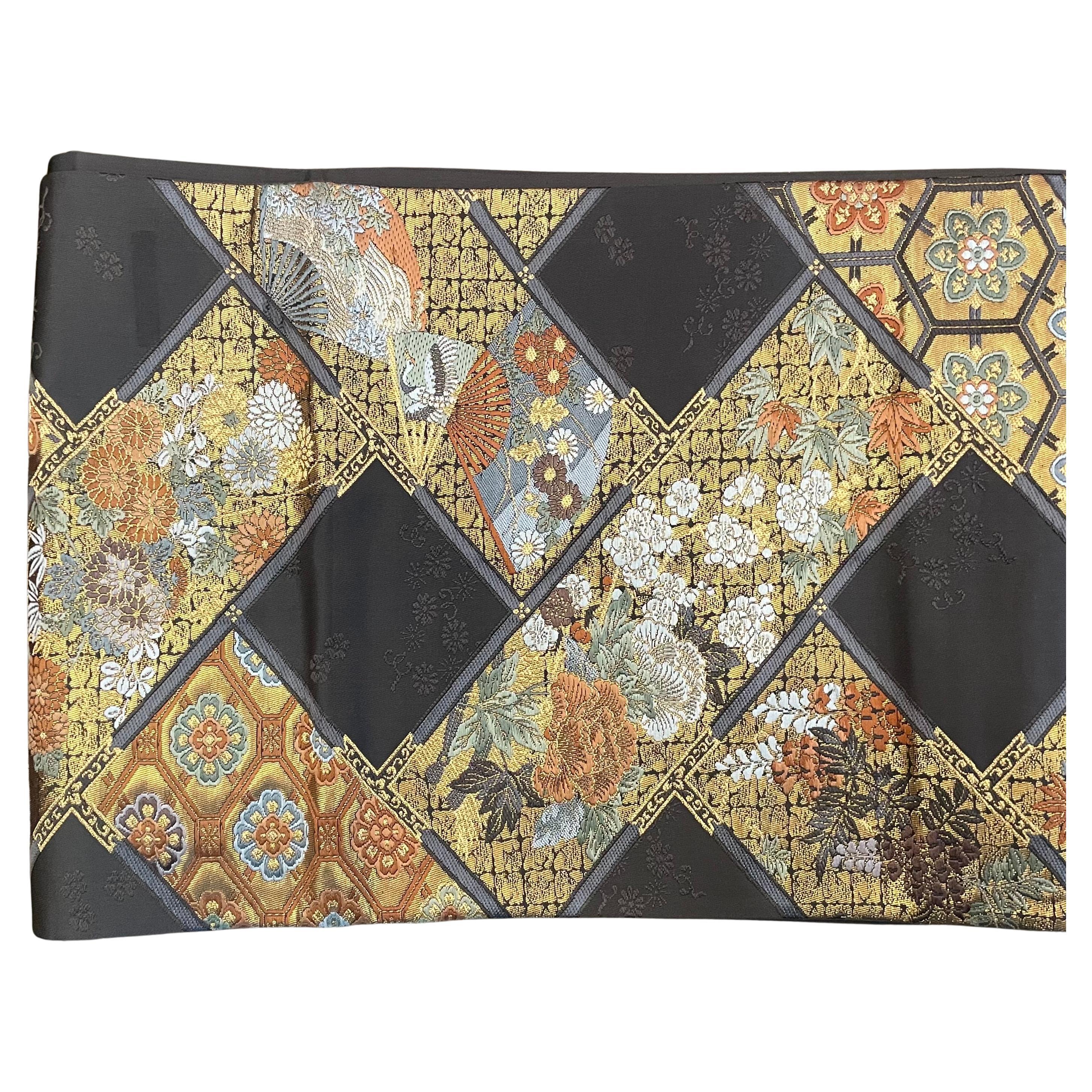 Japanischer Vintage Kimono Seidengürtel Obi Dunkelbraun und Gold Blumen 1960s