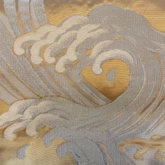 Japanese Vintage Kimono Silk Belt Obi Waves Gold and Silver 1960s