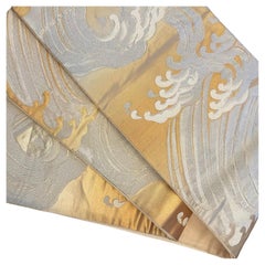Japanese Vintage Kimono Silk Belt Obi Waves Gold and Silver 1960s
