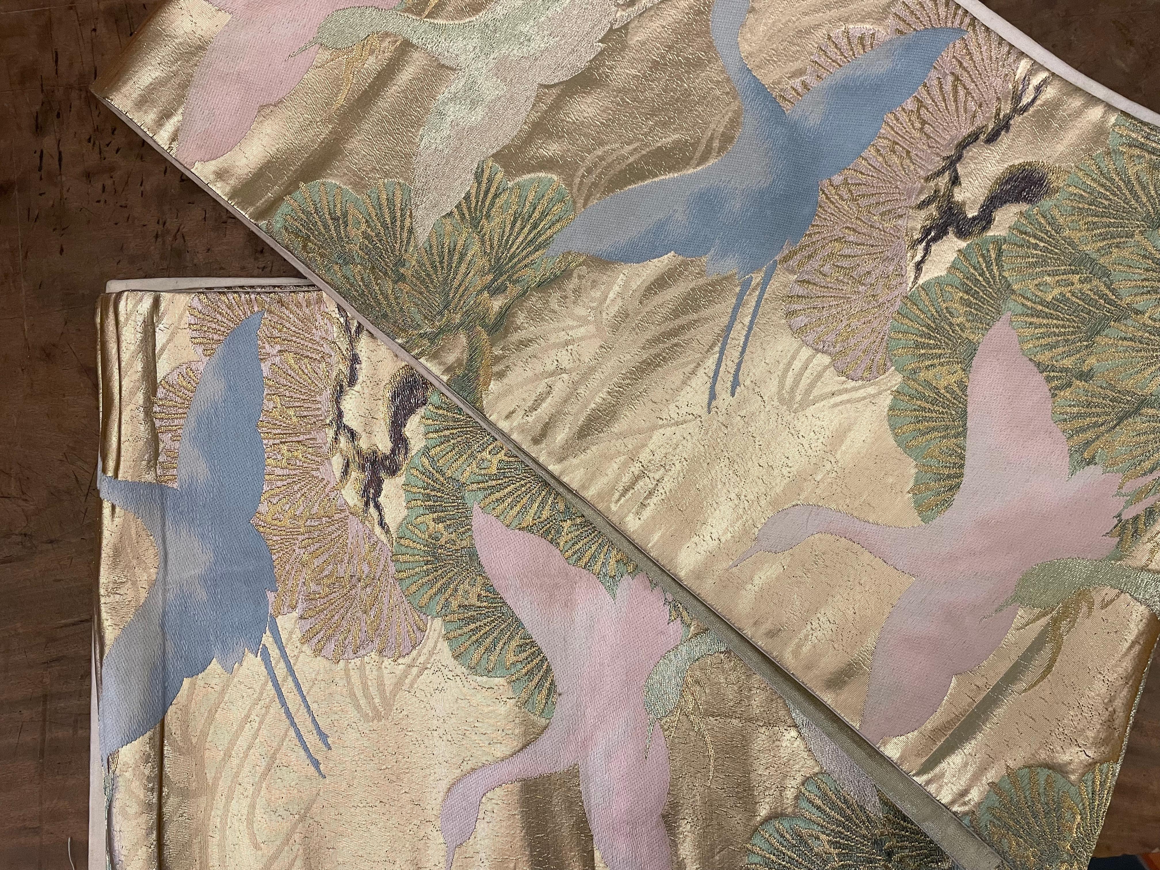 Showa Japanese Vintage Kimono Silk Belt Tsuru Birds Fukuro-obi 1960s For Sale
