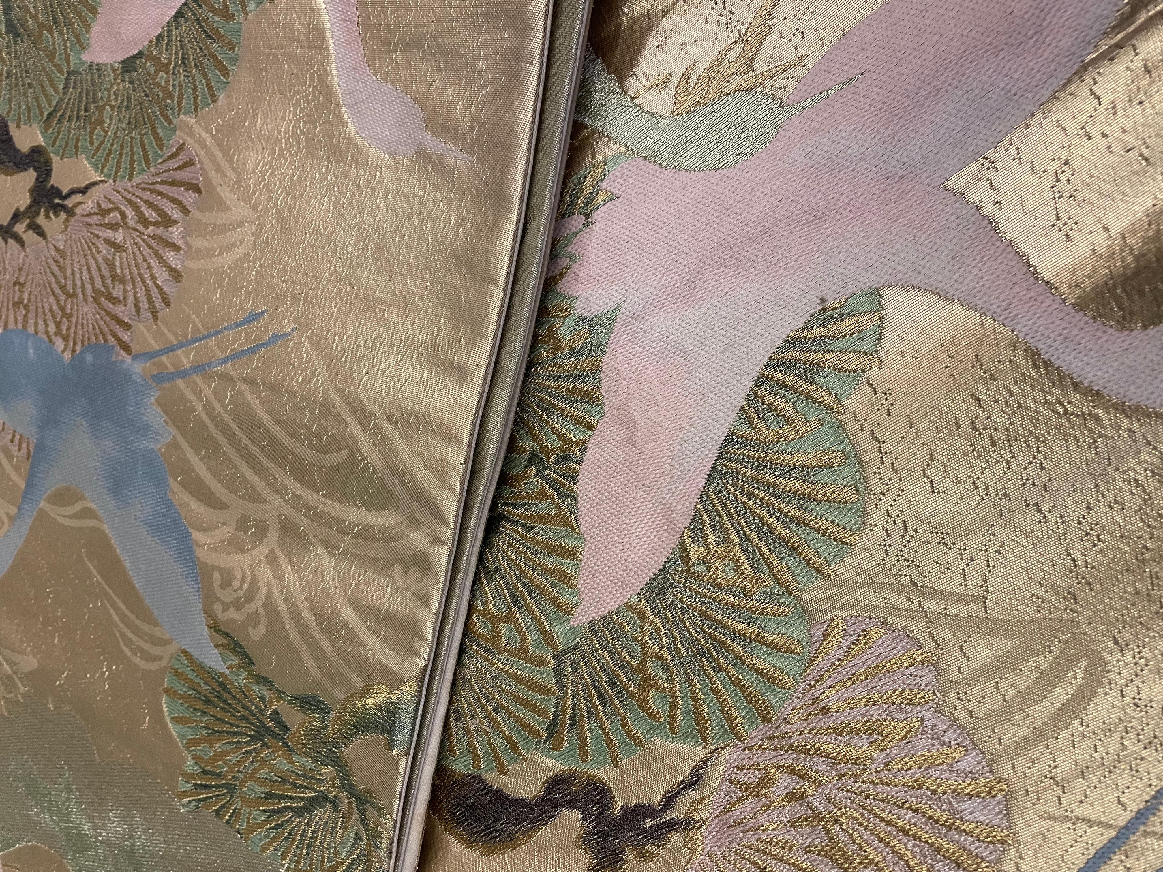 Hand-Crafted Japanese Vintage Kimono Silk Belt Tsuru Birds Fukuro-obi 1960s For Sale