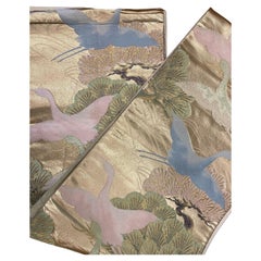 Japanese Antique Kimono Silk Belt Tsuru Birds Fukuro-obi 1960s