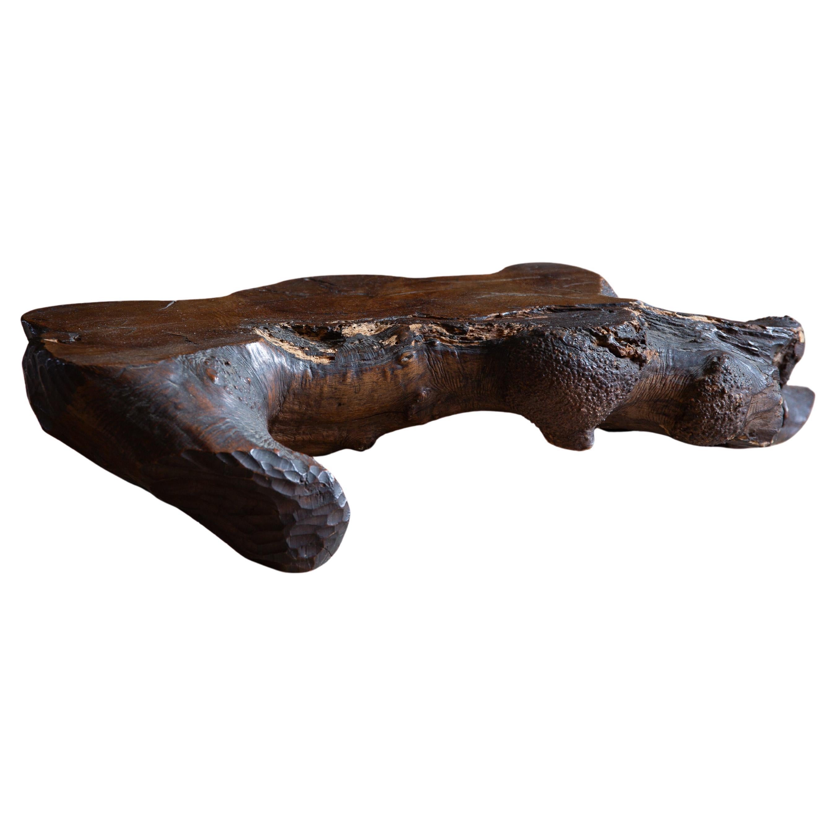 Japanese Vintage live edge root wood slab display stand, wabi sabi art piece For Sale