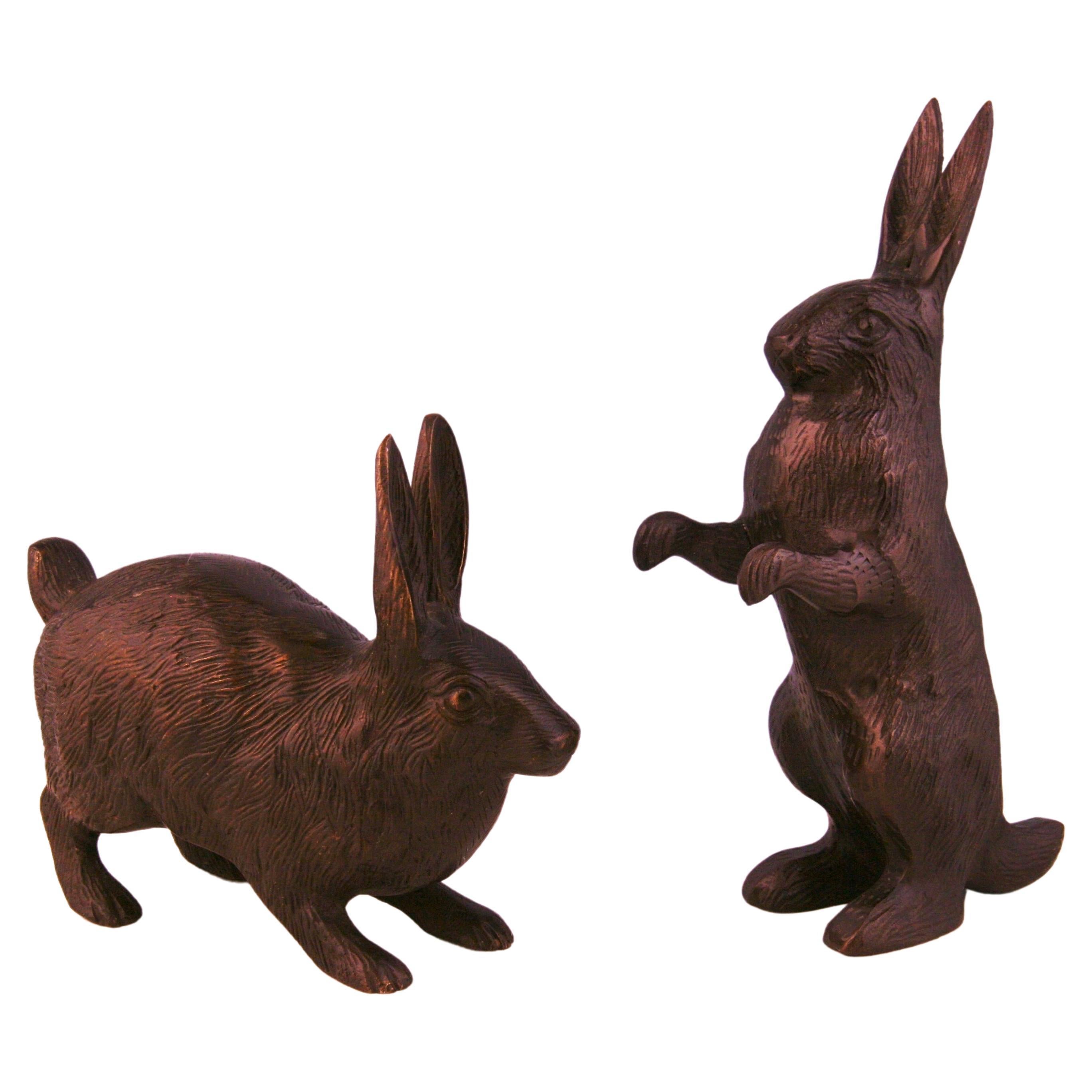 Japanese Vintage Old Pair Bronze Garden Rabbits