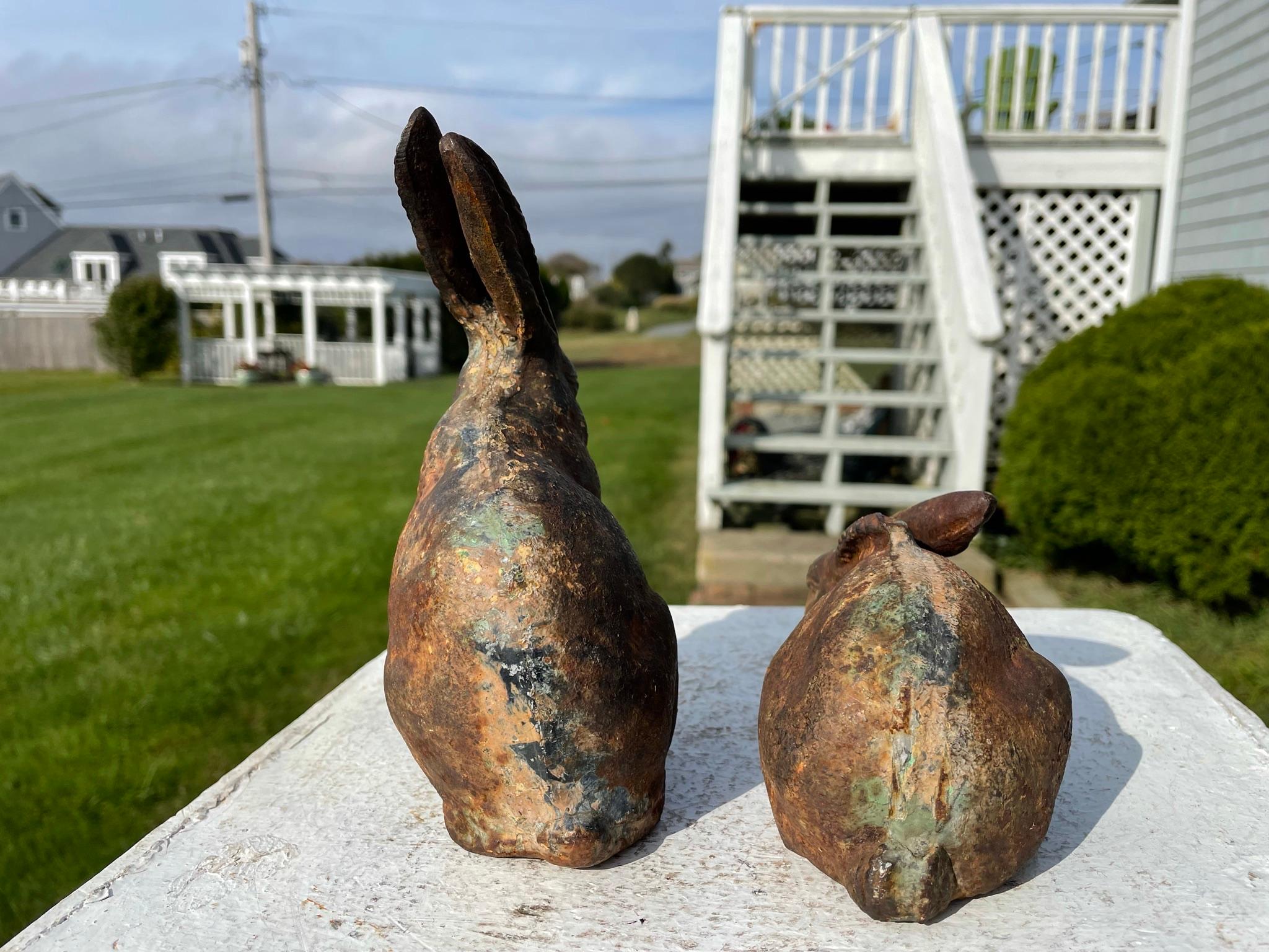 Bronze Japanese Vintage Old Pair Garden Rabbits