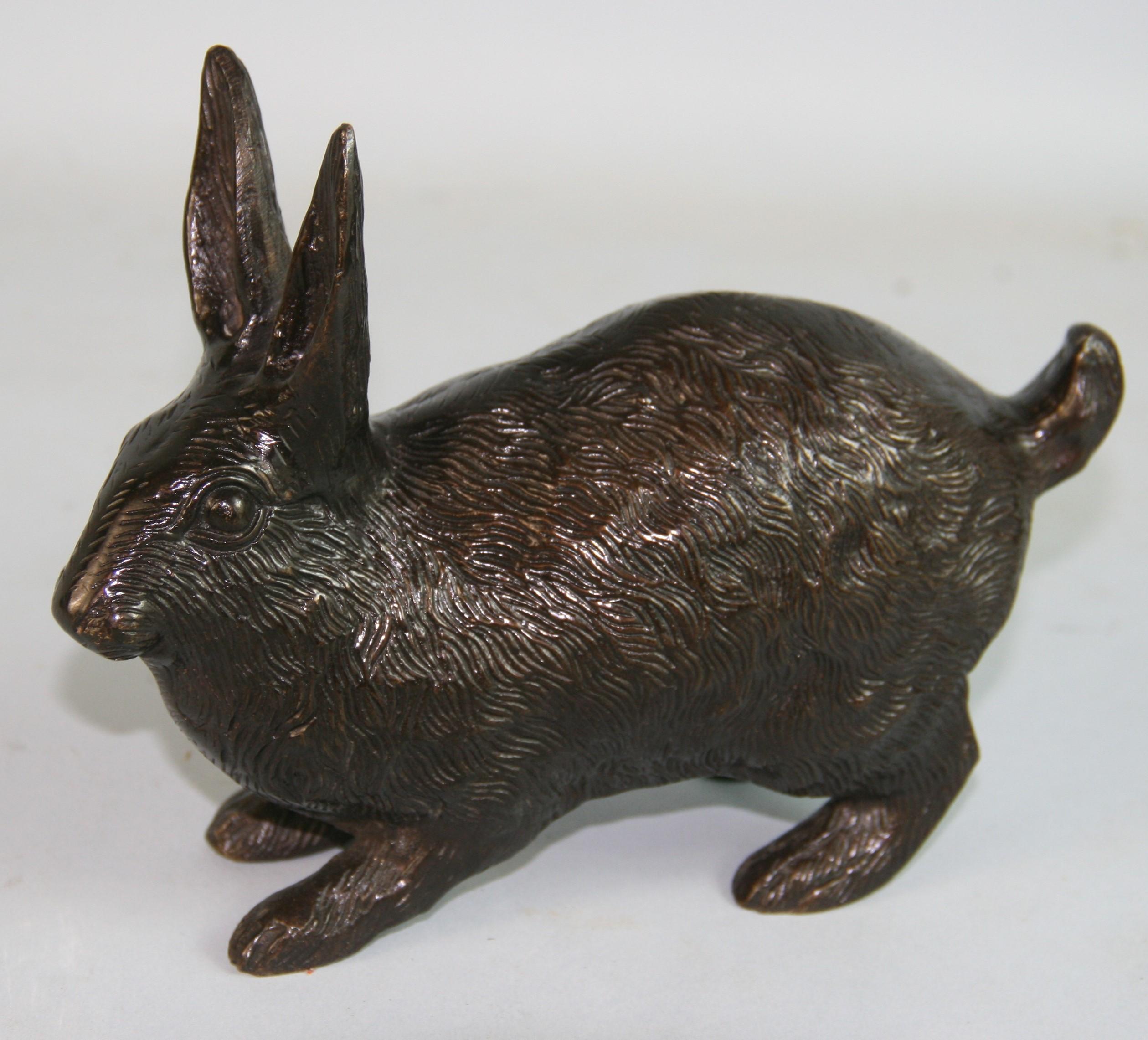 Japanese Vintage  Pair Cast  Bronze  Furry  Rabbits One Standing One Crouching 5