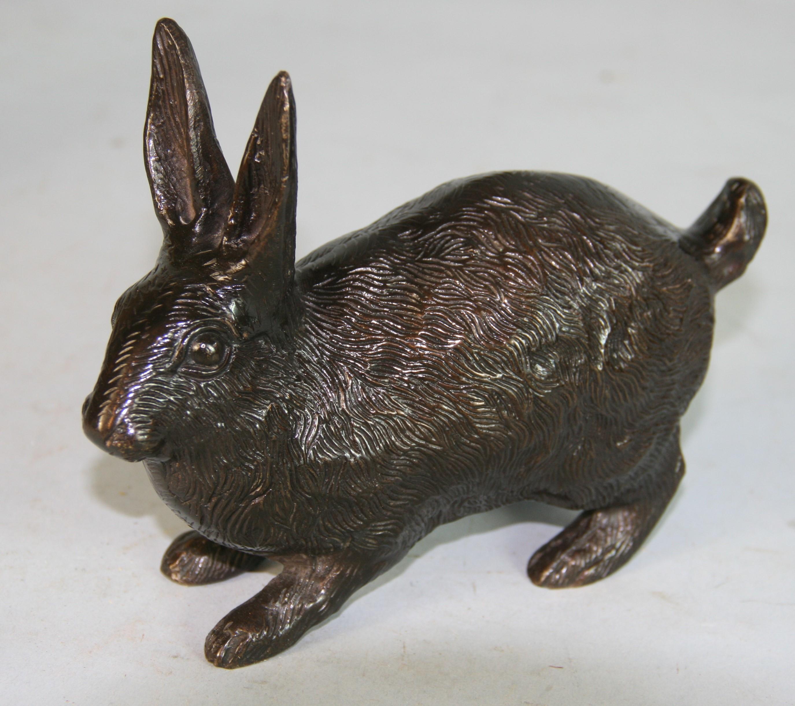 Japanese Vintage  Pair Cast  Bronze  Furry  Rabbits One Standing One Crouching For Sale 6