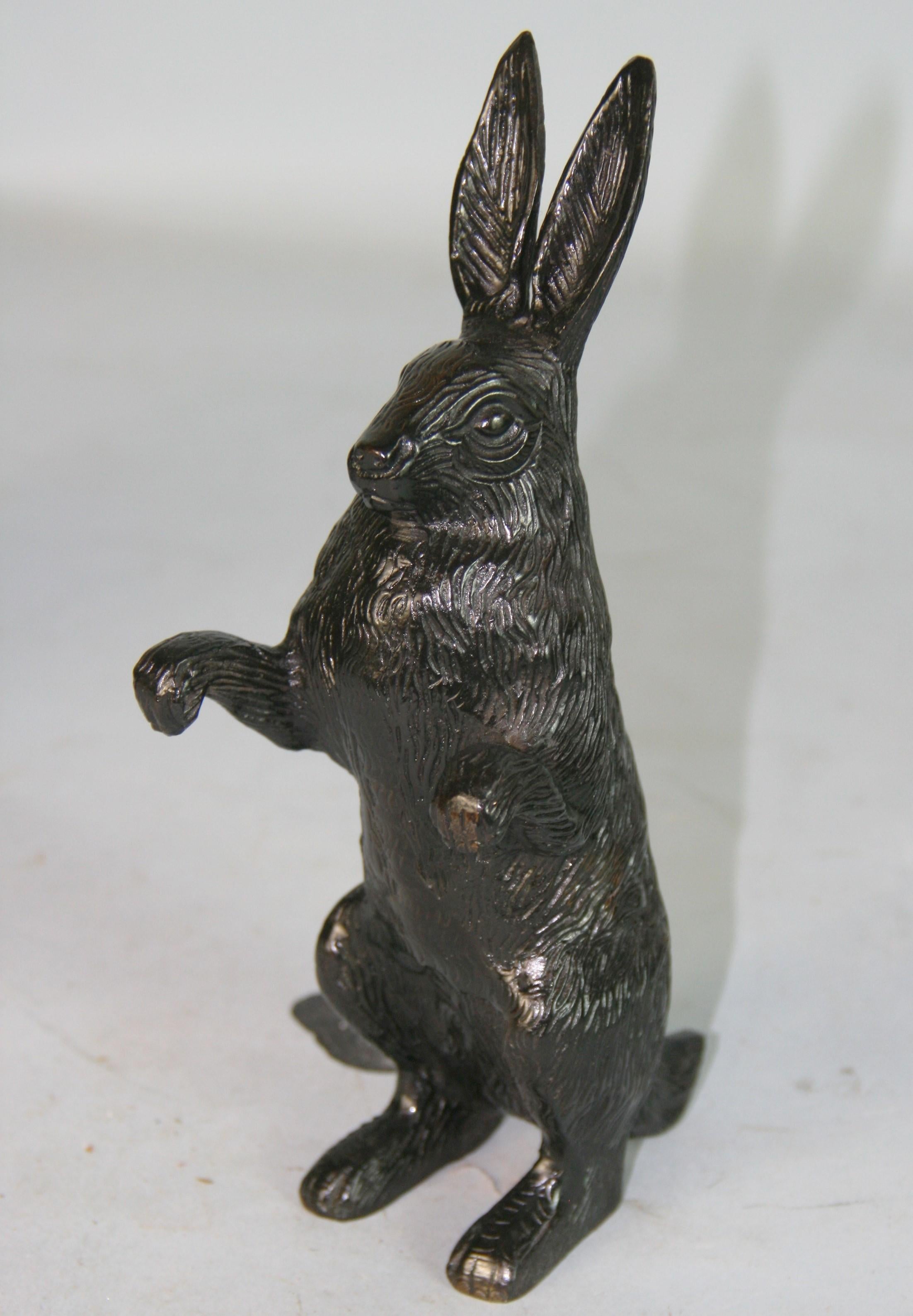 Japanese Vintage  Pair Cast  Bronze  Furry  Rabbits One Standing One Crouching 8