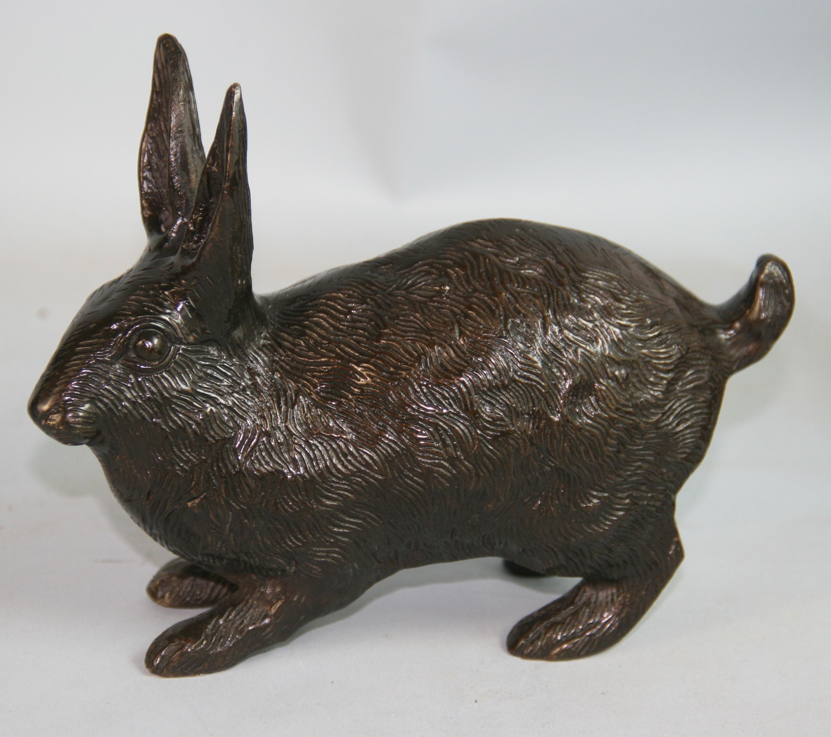 Asian Japanese Vintage  Pair Cast  Bronze  Furry  Rabbits One Standing One Crouching