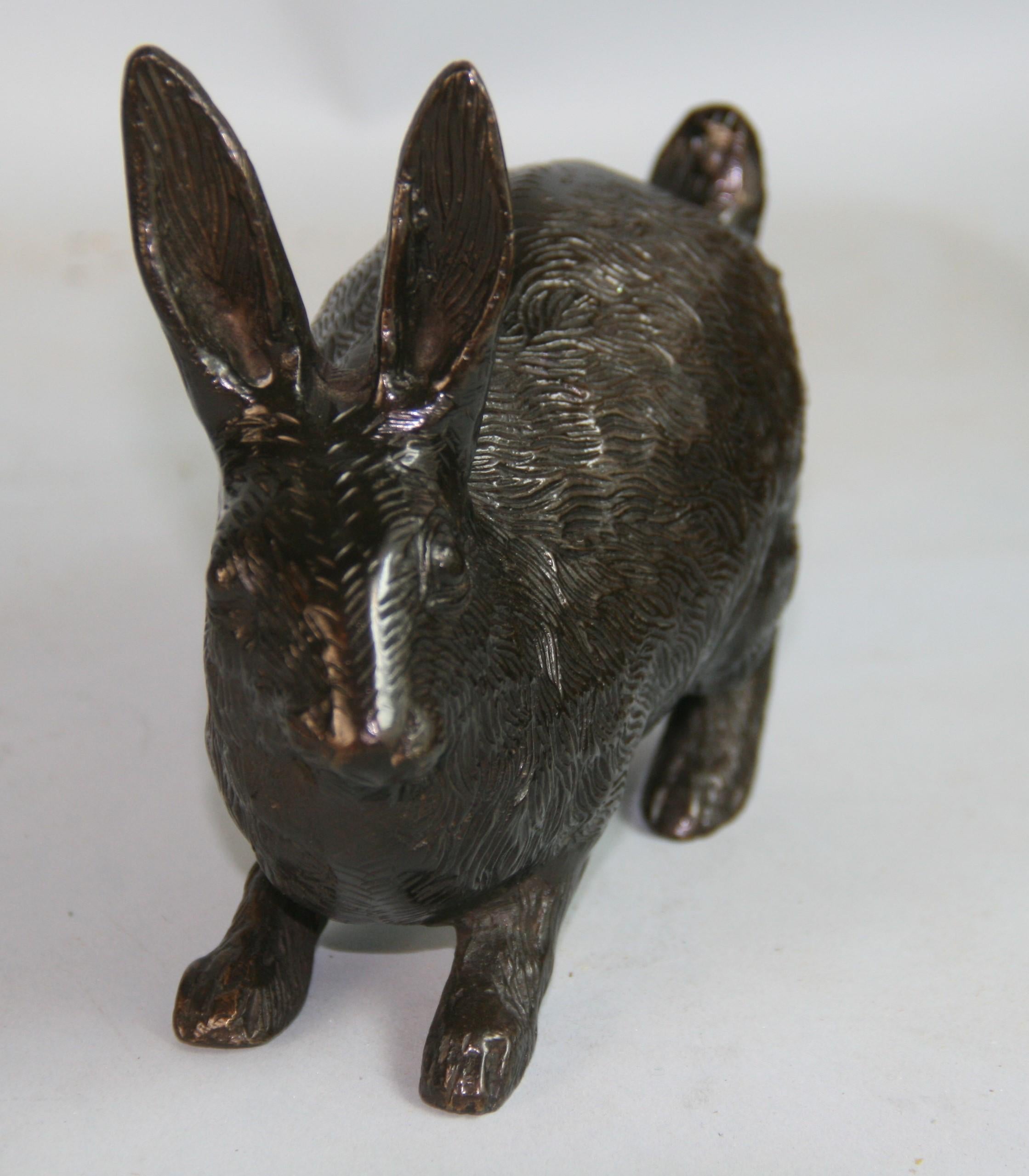 Japanese Vintage  Pair Cast  Bronze  Furry  Rabbits One Standing One Crouching In Good Condition In Douglas Manor, NY