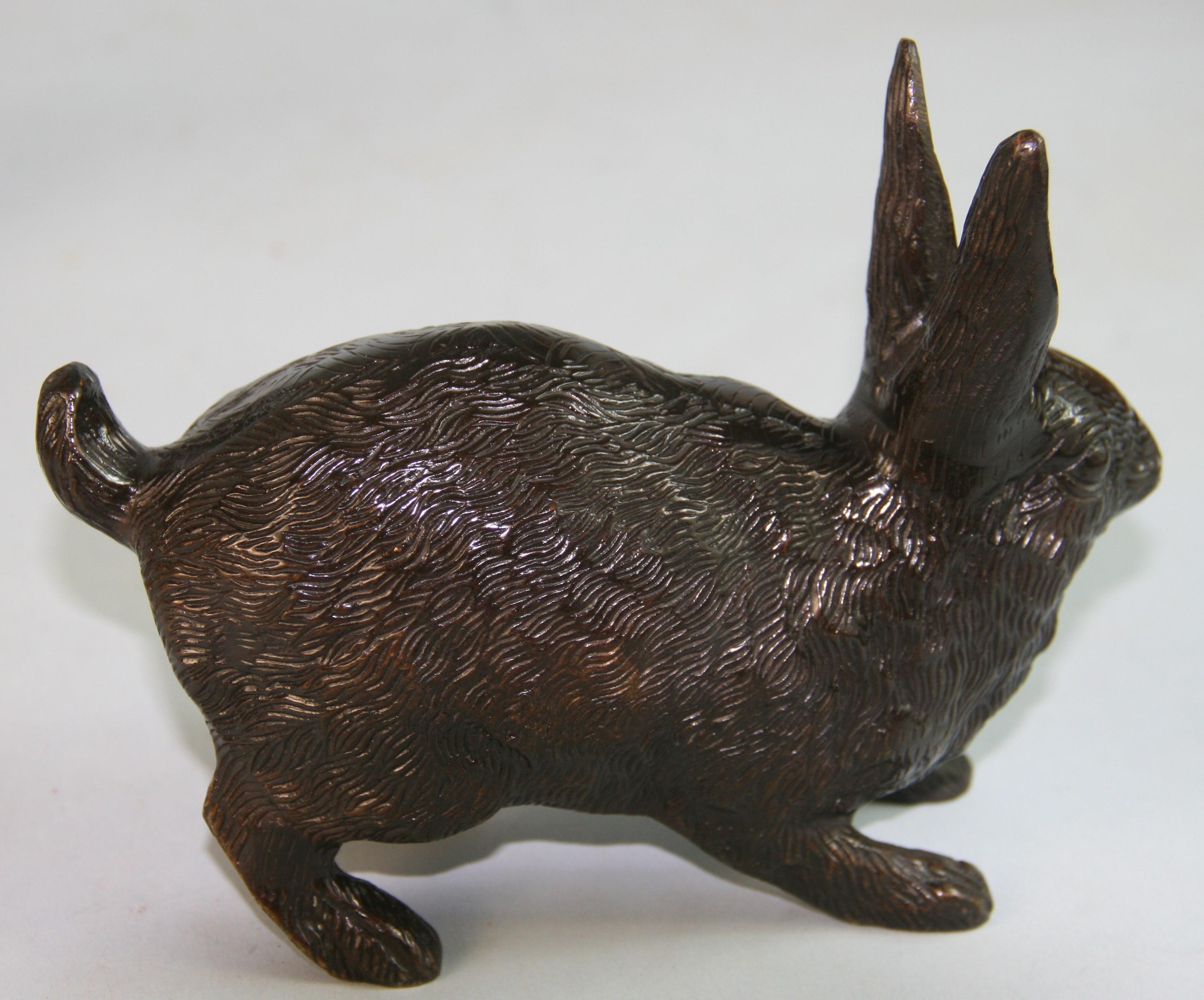 Mid-20th Century Japanese Vintage  Pair Cast  Bronze  Furry  Rabbits One Standing One Crouching