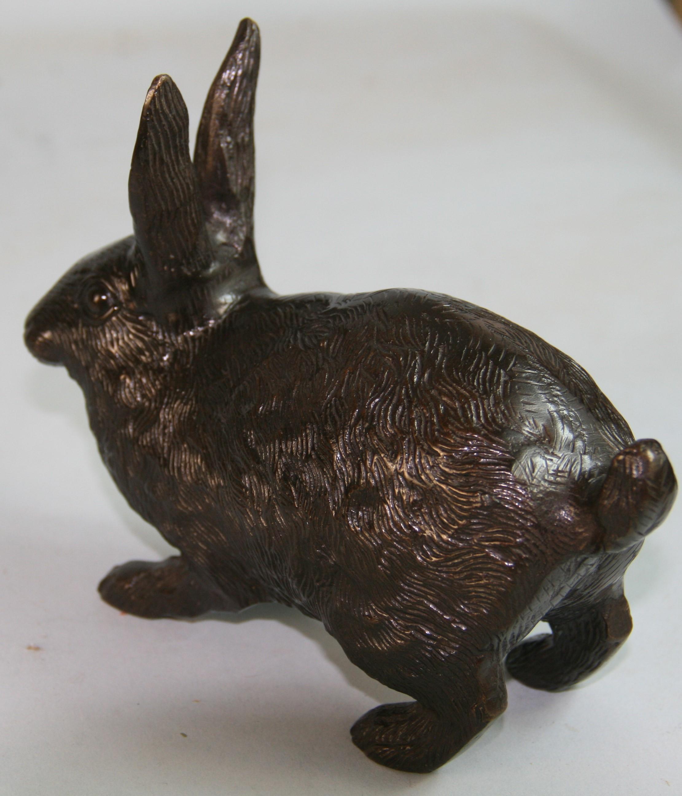Japanese Vintage  Pair Cast  Bronze  Furry  Rabbits One Standing One Crouching For Sale 1