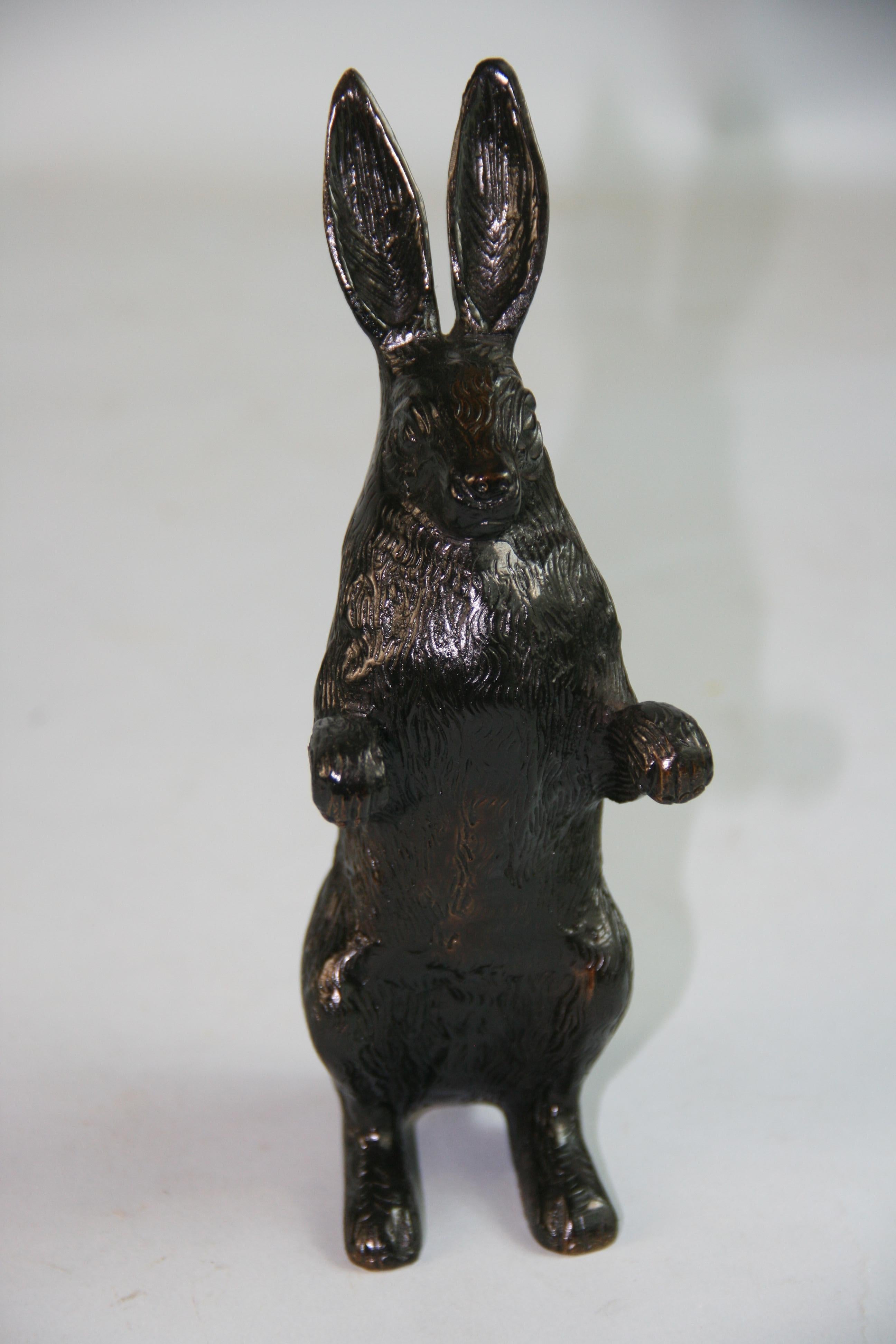 Japanese Vintage  Pair Cast  Bronze  Furry  Rabbits One Standing One Crouching For Sale 4
