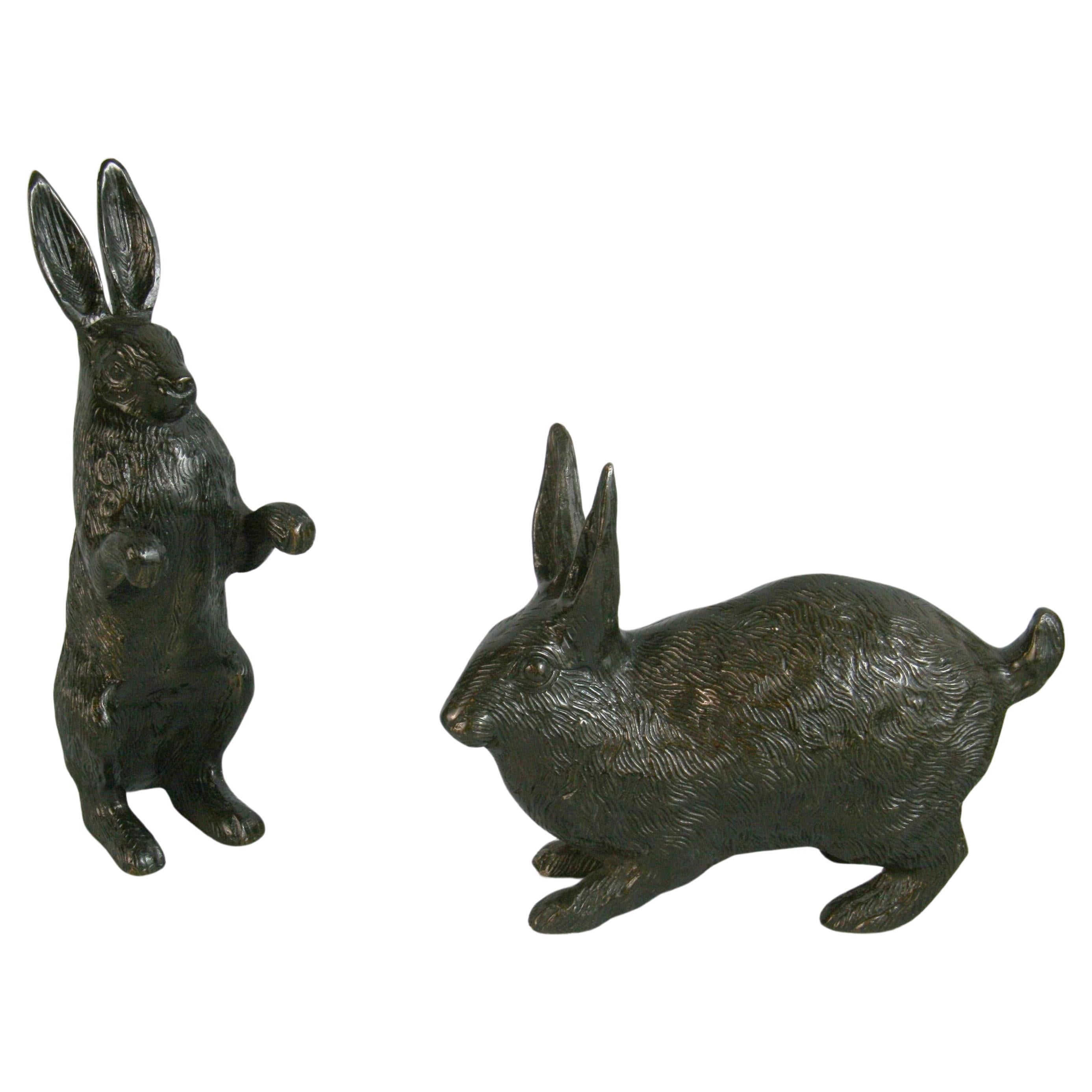 Japanese Vintage  Pair Cast  Bronze  Furry  Rabbits One Standing One Crouching For Sale