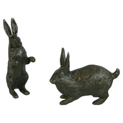 Japanese Vintage  Pair Cast  Bronze  Furry  Rabbits One Standing One Crouching