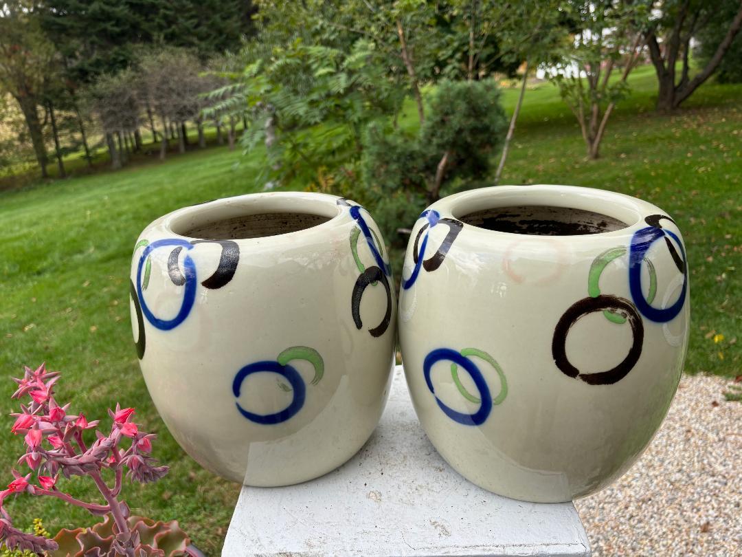 Japanese Vintage Pair Circles of Life Garden Planters, Vibrant Colors In Good Condition In South Burlington, VT