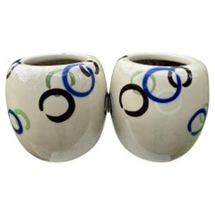 Japanese Vintage Pair Circles of Life Garden Planters, Vibrant Colors