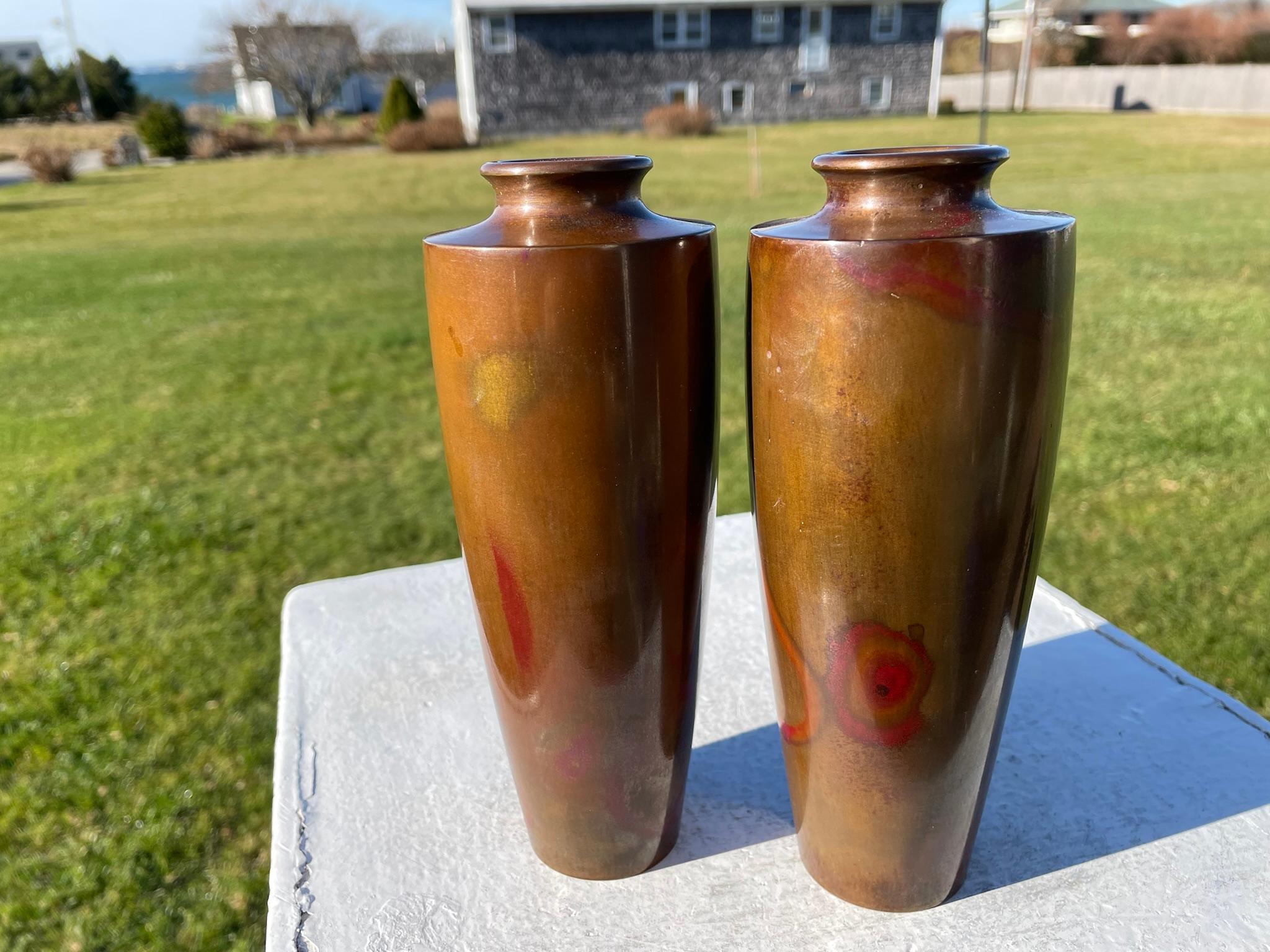 20th Century Japanese Vintage Pair Murashido Red Bronze Bud Vases, Signed