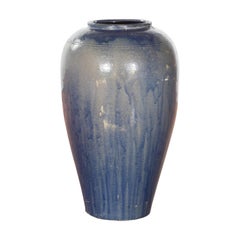 Japanese Vintage Shigaraki Water Jar with Underglaze Blue Patina