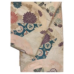 Japanese Used Silk Kimono Belt 1970s Chrysanthemum