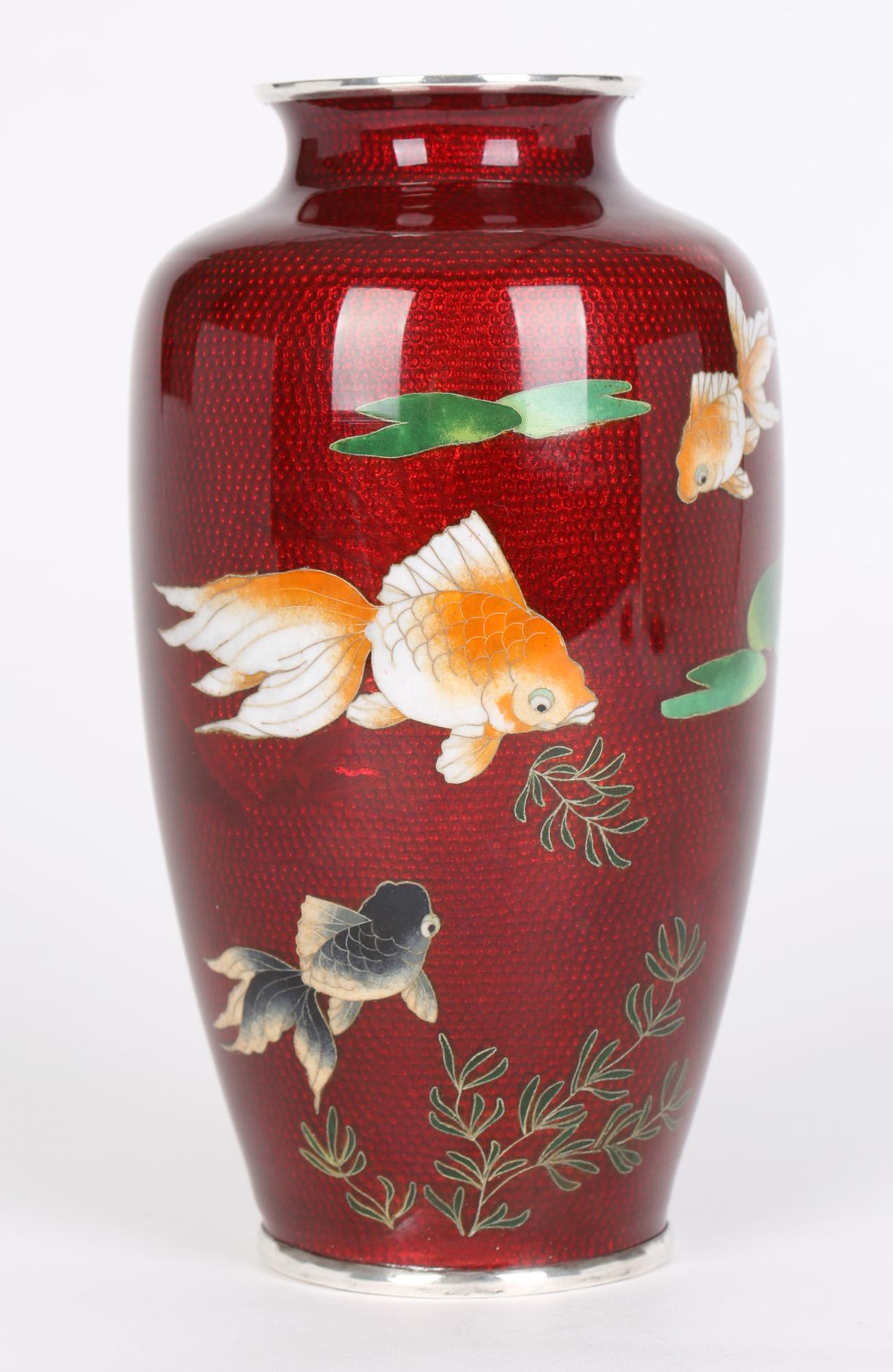 Japanese Vintage Silver Metal Mounted Cloisonne Vase with Fish For Sale 2