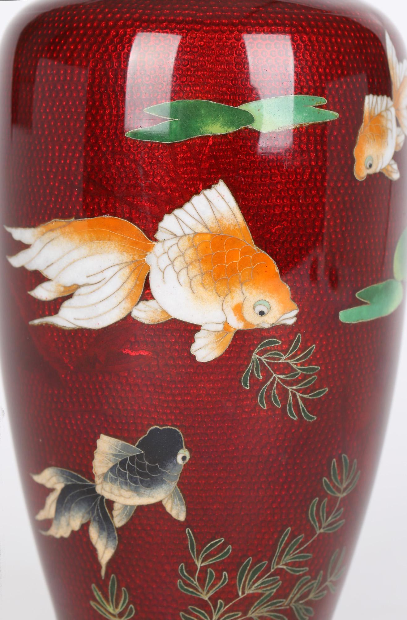 Japanese Vintage Silver Metal Mounted Cloisonne Vase with Fish For Sale 3