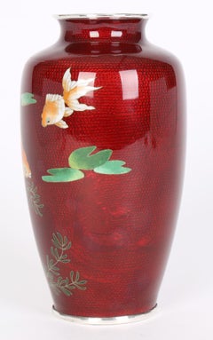 Japanese Vintage Silver Metal Mounted Cloisonne Vase with Fish