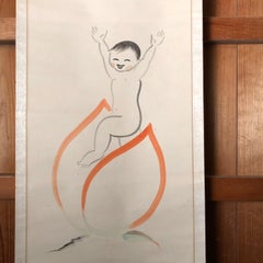 Japanese Vintage Simple Hand-Brushed "Peach Boy" Silk Wall Scroll