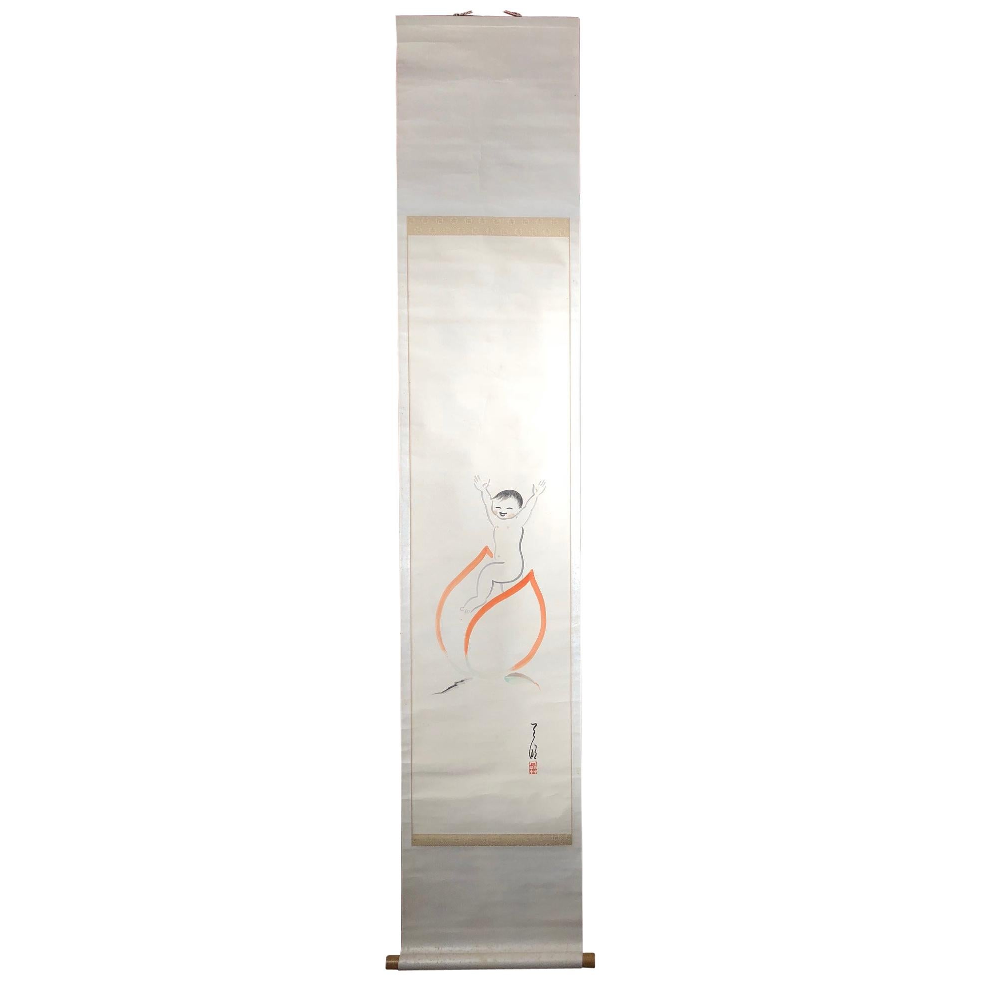 Japanese Vintage Simple Hand-Brushed "Peach Boy" Silk Wall Scroll