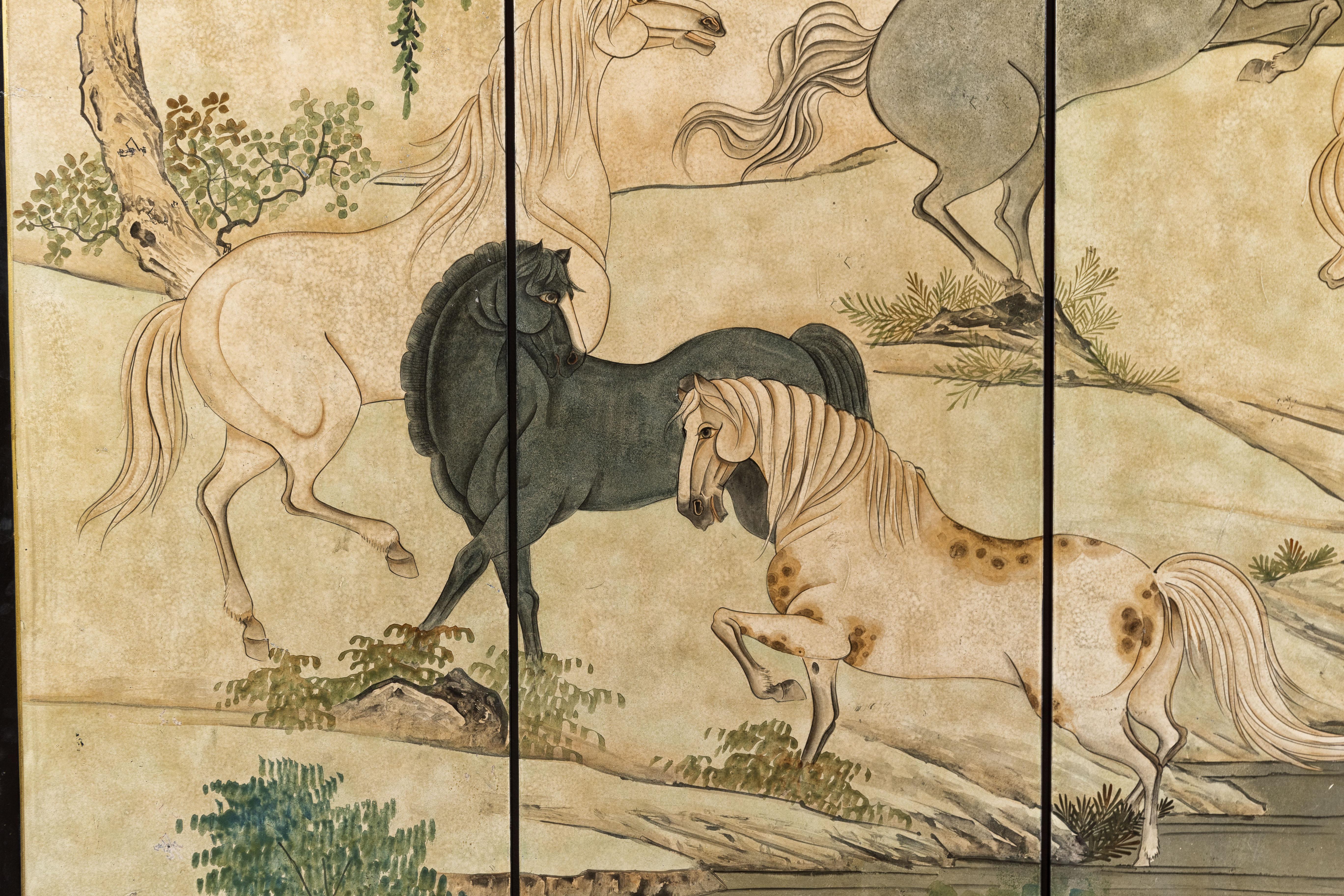 Sechsteiliger japanischer Vintage-Raumteiler aus Gold mit Landschaft und mythischen Pferden 3