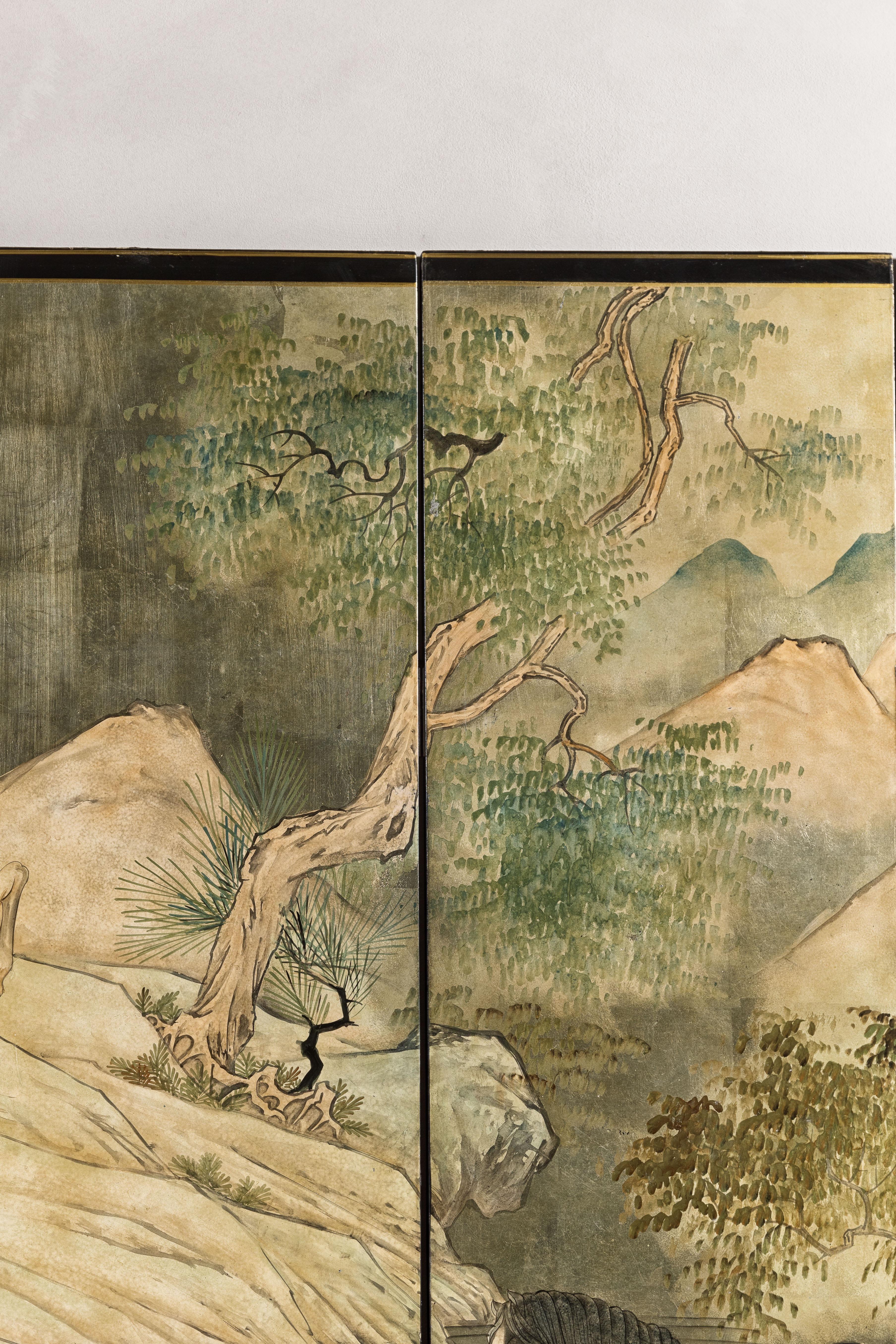 Japanese Vintage Six-Panel Gold Screen with Landscape and Mythical Horses For Sale 5