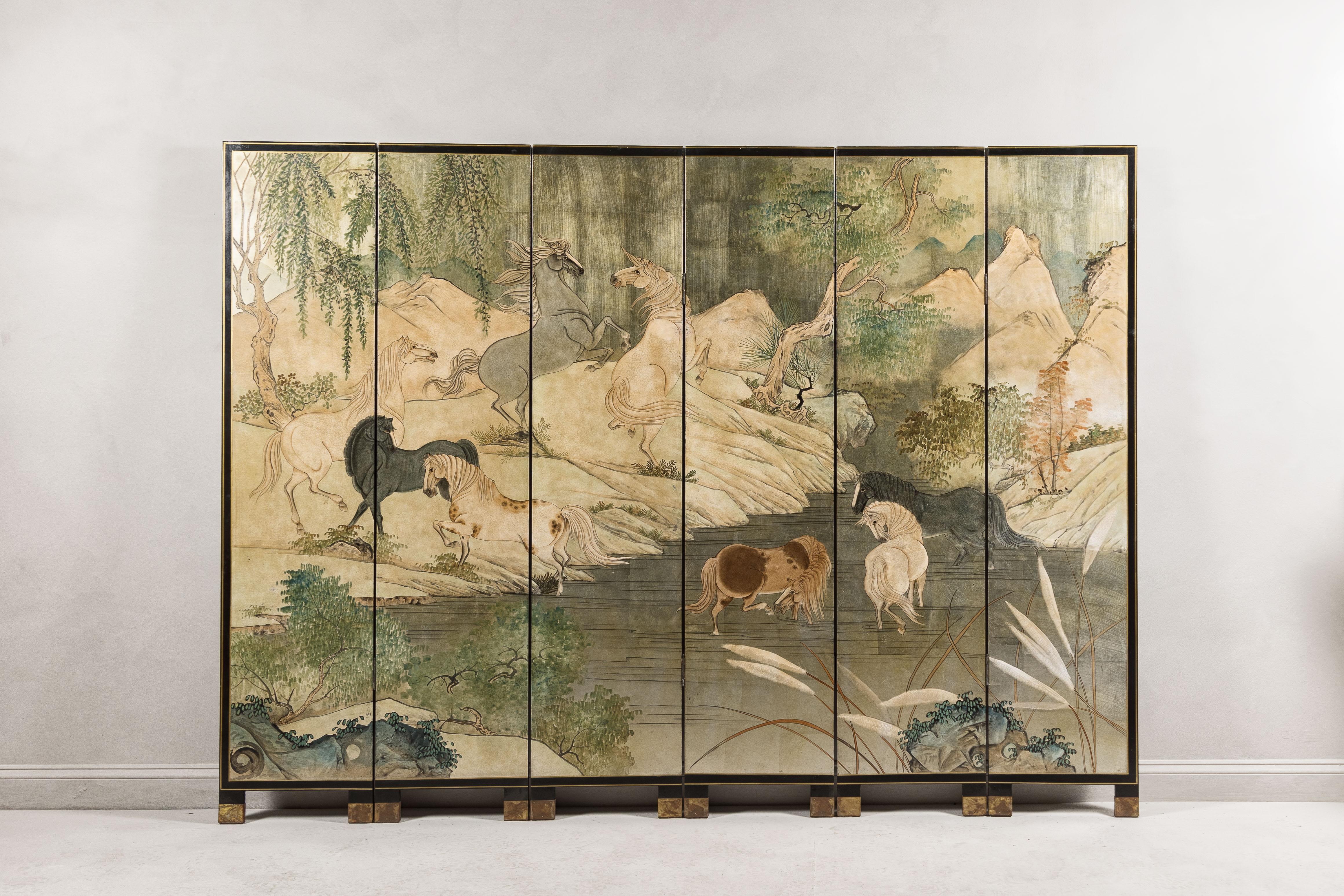 Sechsteiliger japanischer Vintage-Raumteiler aus Gold mit Landschaft und mythischen Pferden 5