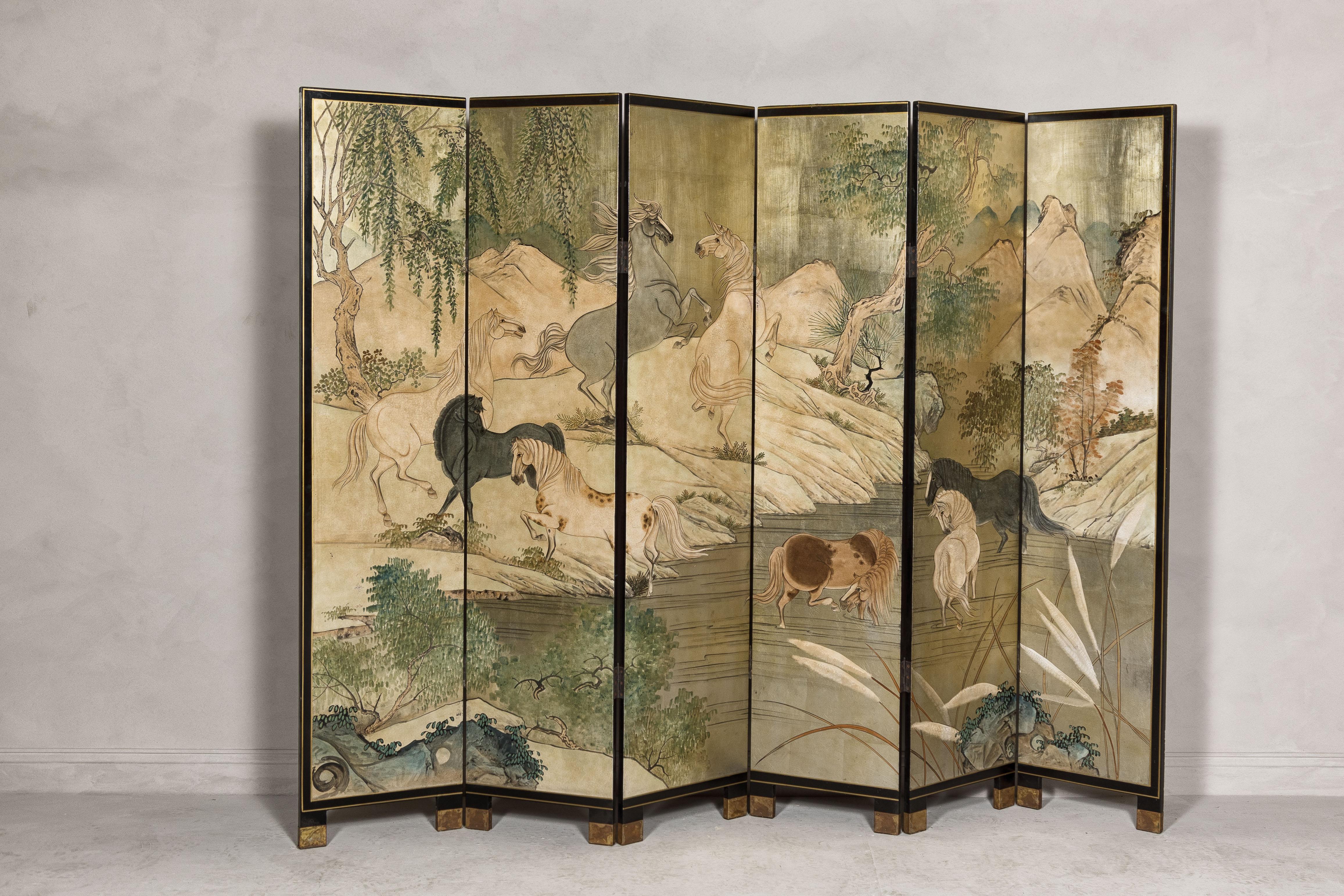 Japanese Vintage Six-Panel Gold Screen with Landscape and Mythical Horses For Sale 8