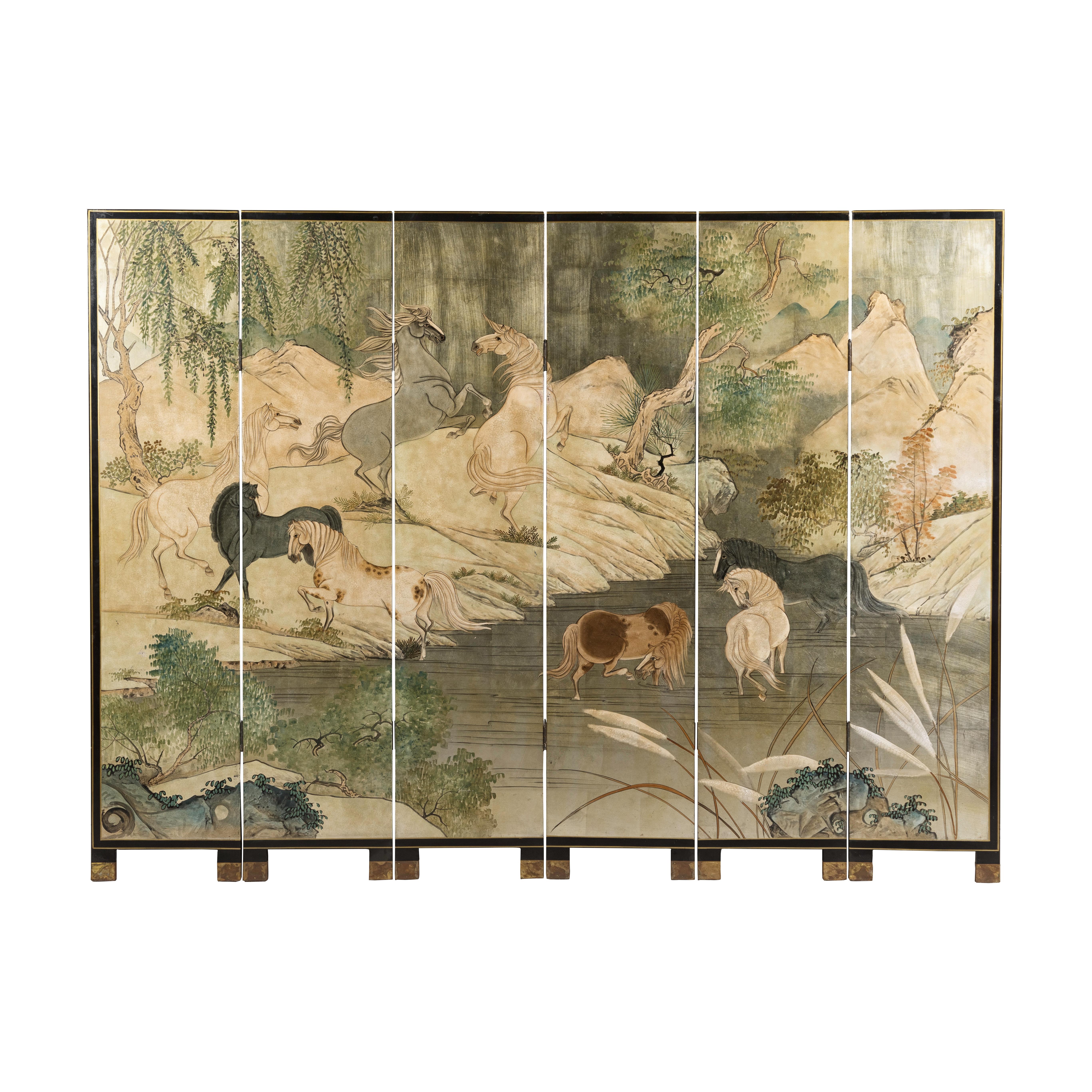 Japanese Vintage Six-Panel Gold Screen with Landscape and Mythical Horses For Sale 11