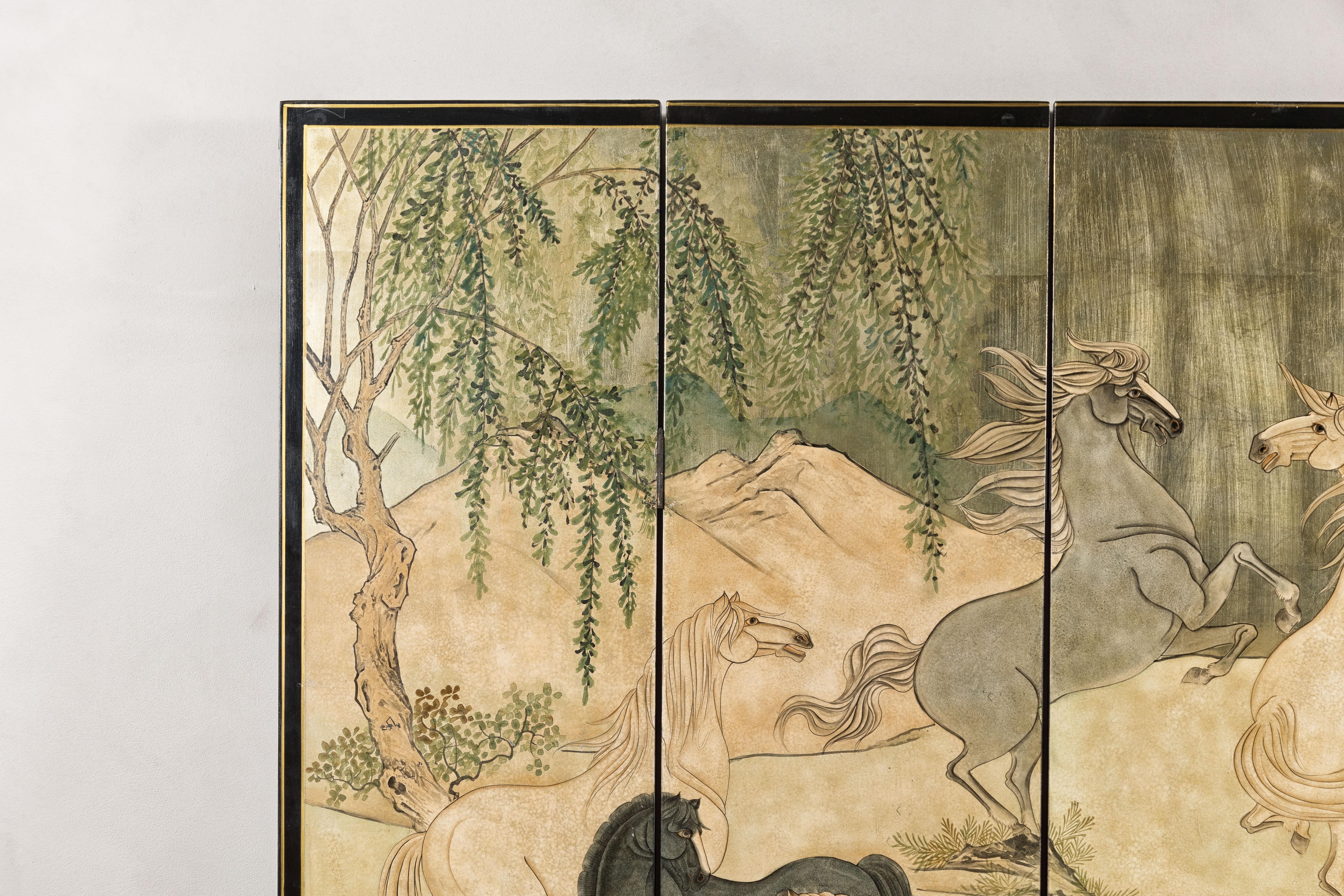 Gilt Japanese Vintage Six-Panel Gold Screen with Landscape and Mythical Horses For Sale