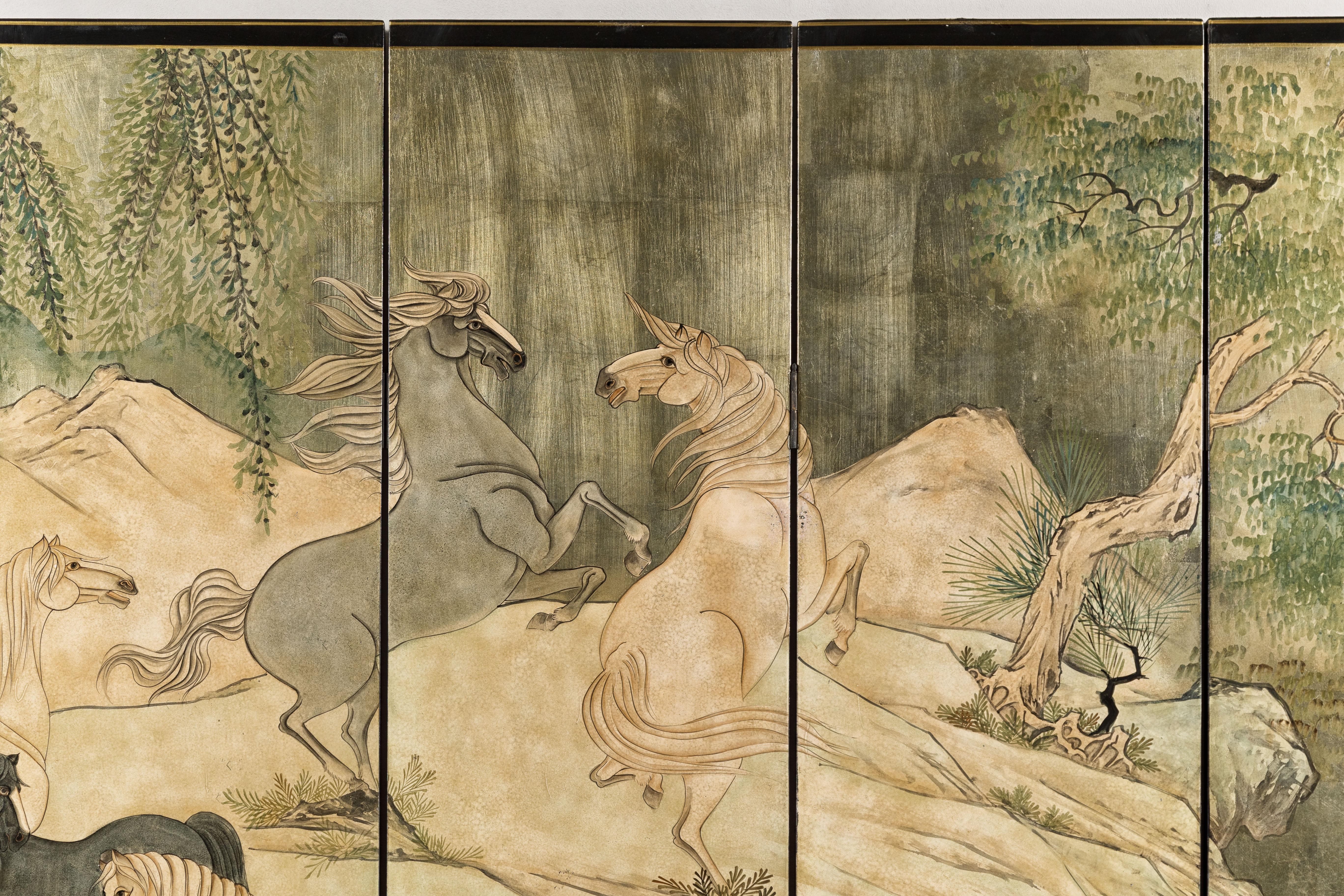 Japanese Vintage Six-Panel Gold Screen with Landscape and Mythical Horses In Good Condition For Sale In Yonkers, NY