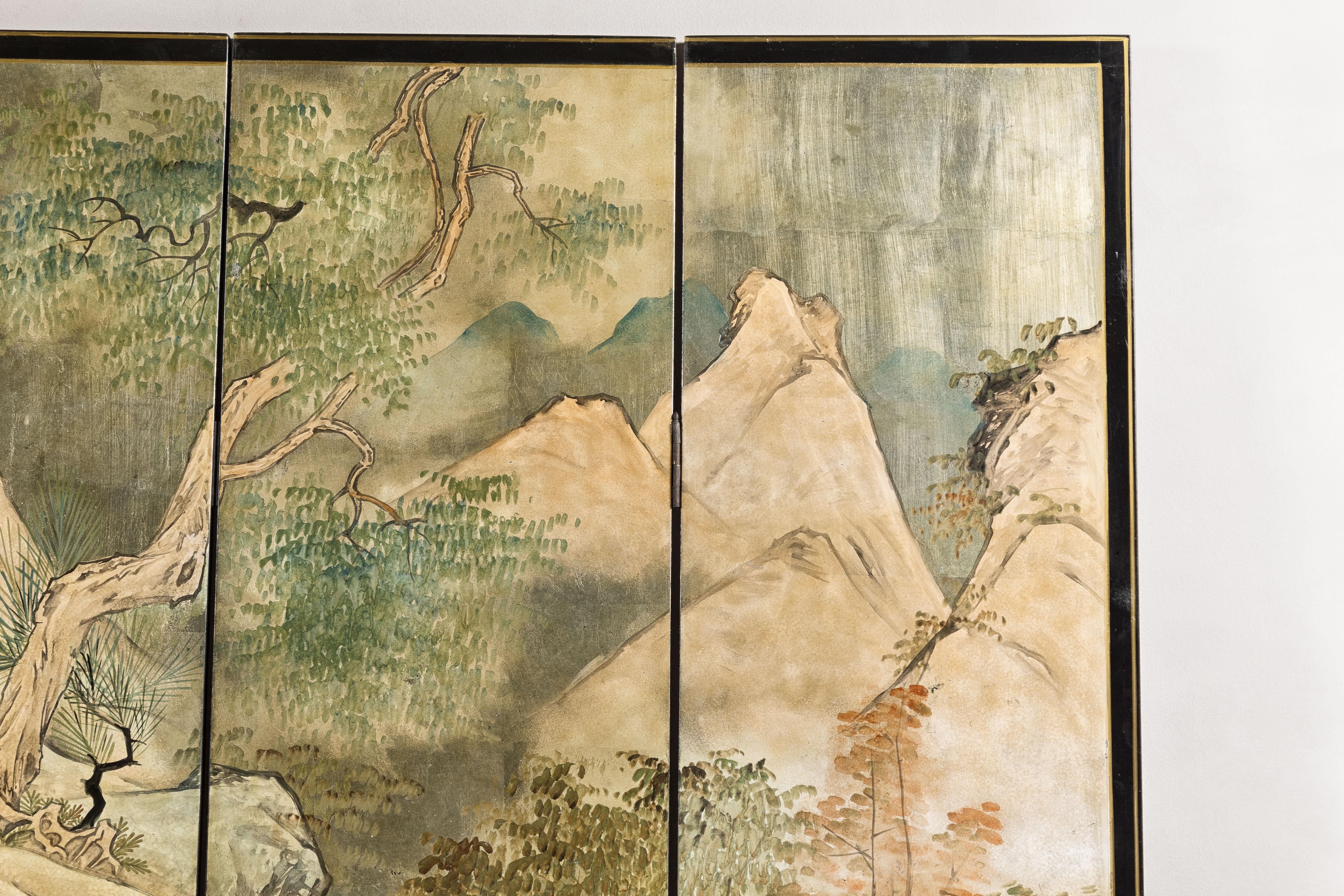 20th Century Japanese Vintage Six-Panel Gold Screen with Landscape and Mythical Horses For Sale