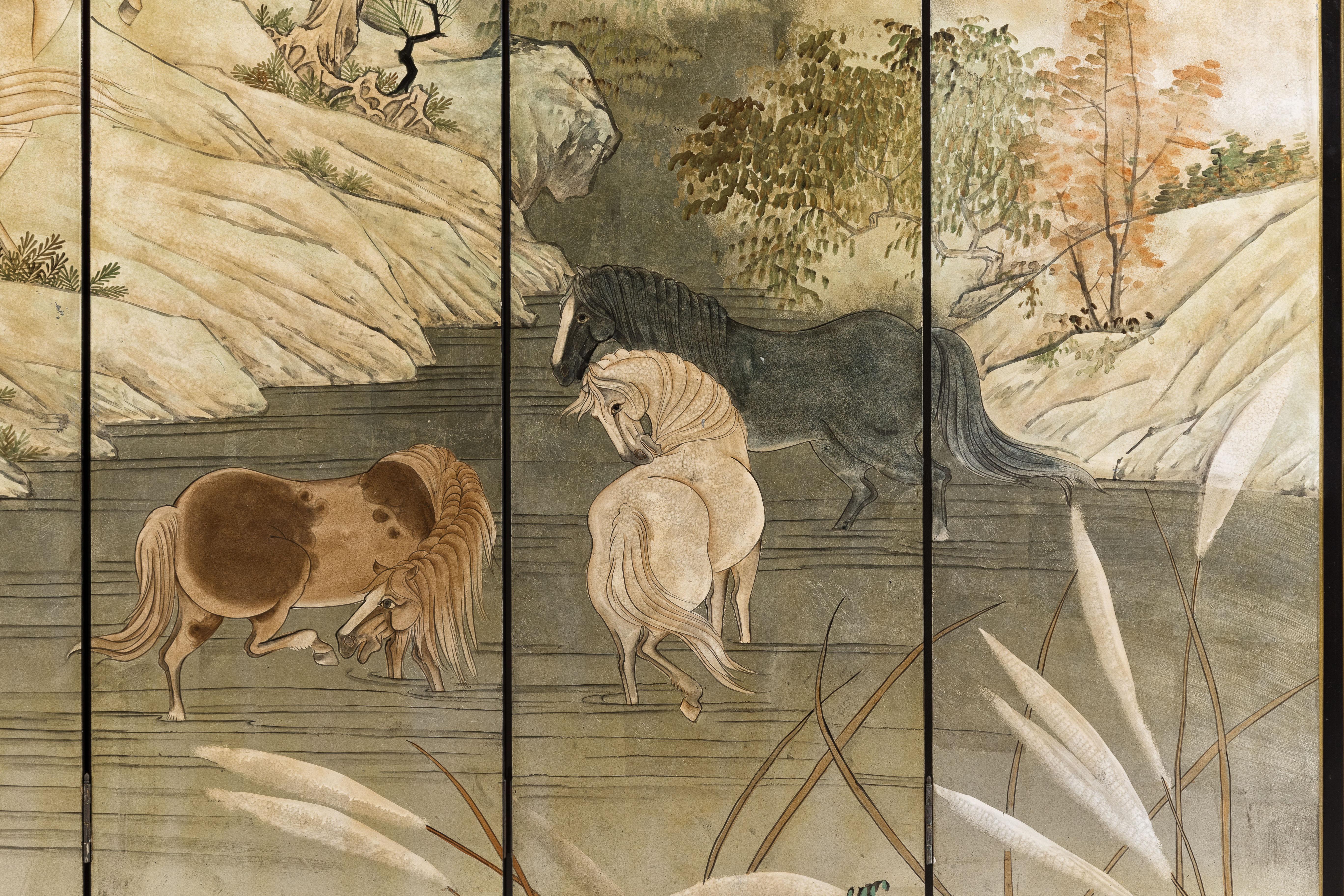 Wood Japanese Vintage Six-Panel Gold Screen with Landscape and Mythical Horses For Sale