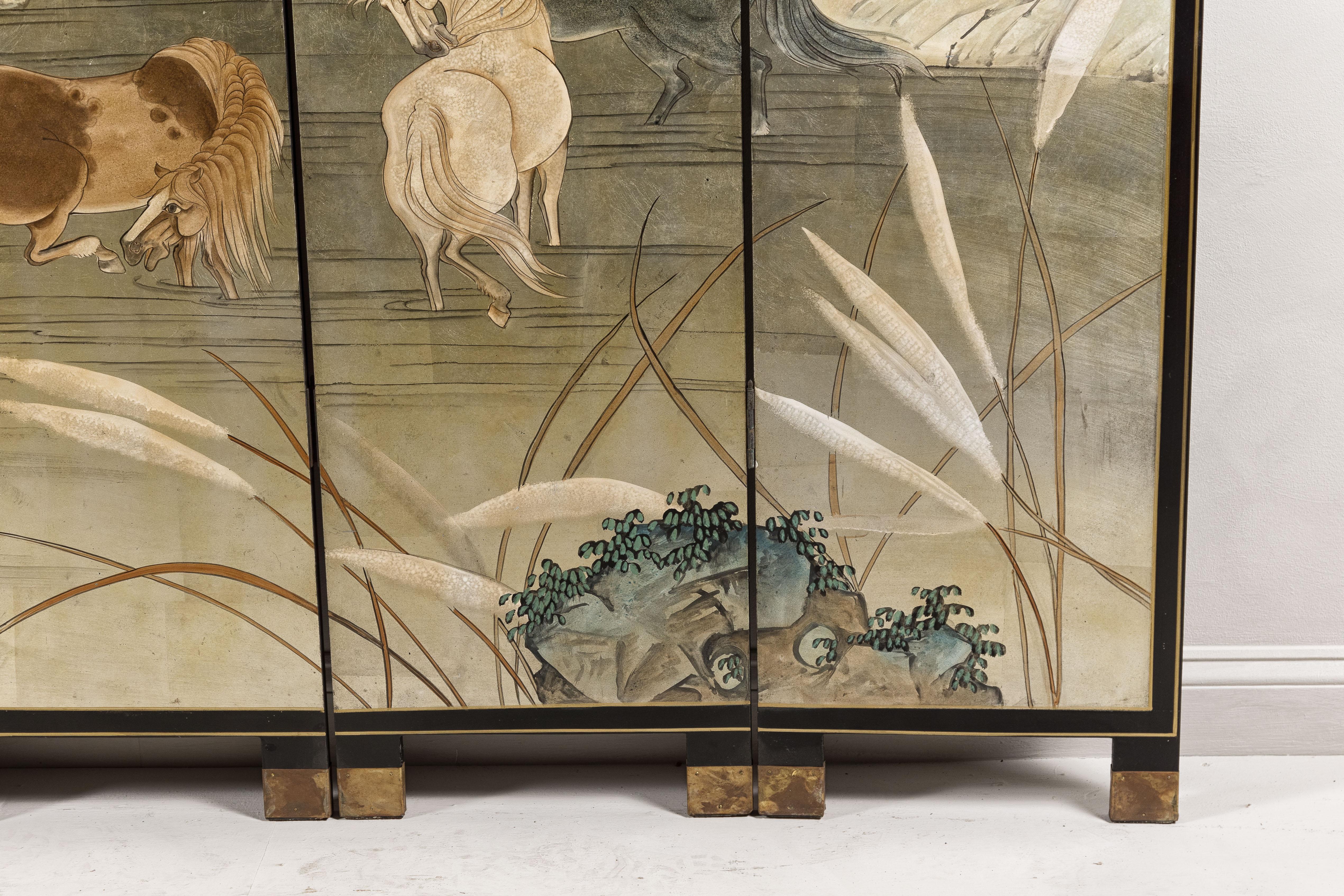 Sechsteiliger japanischer Vintage-Raumteiler aus Gold mit Landschaft und mythischen Pferden (Holz)