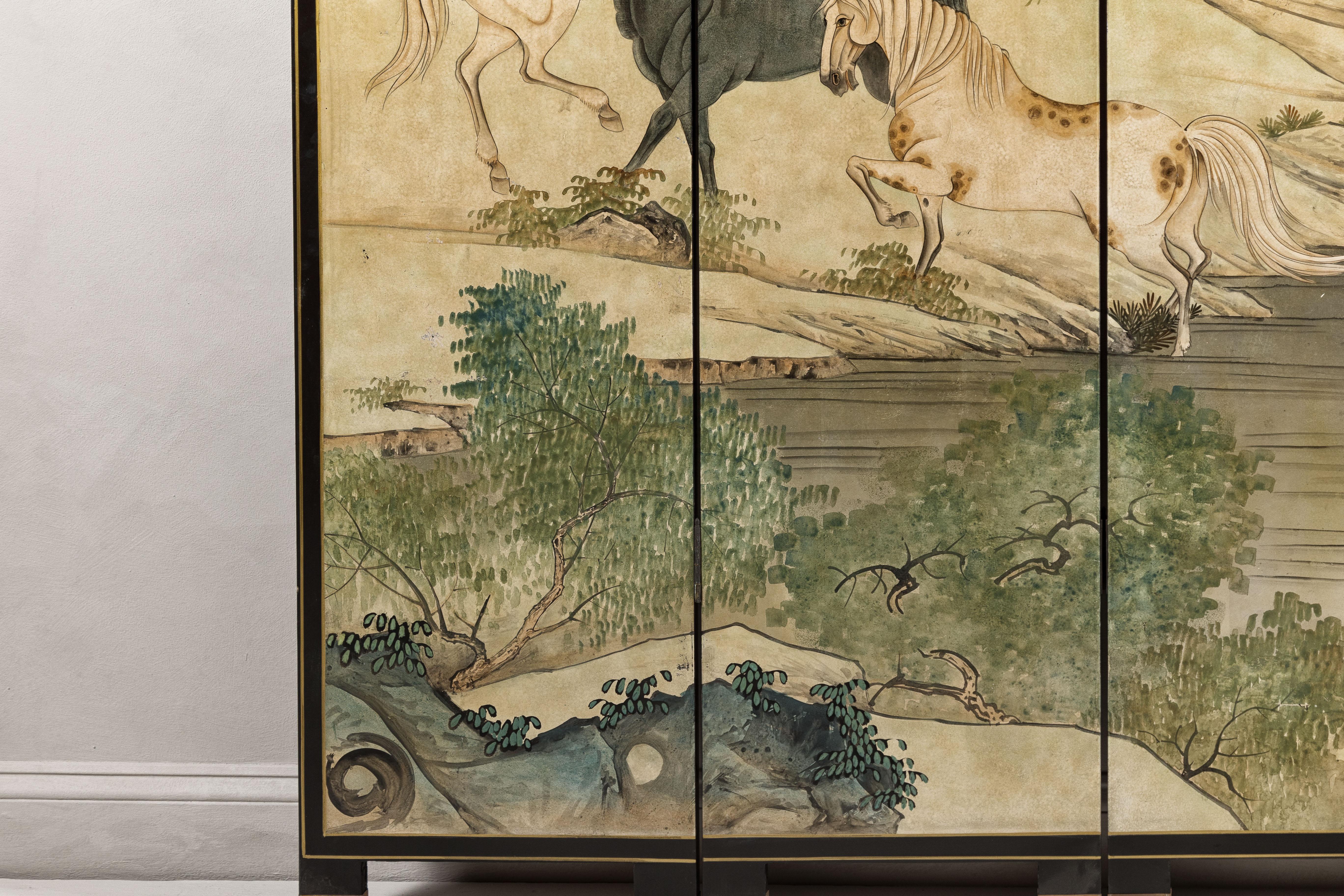 Japanese Vintage Six-Panel Gold Screen with Landscape and Mythical Horses For Sale 2