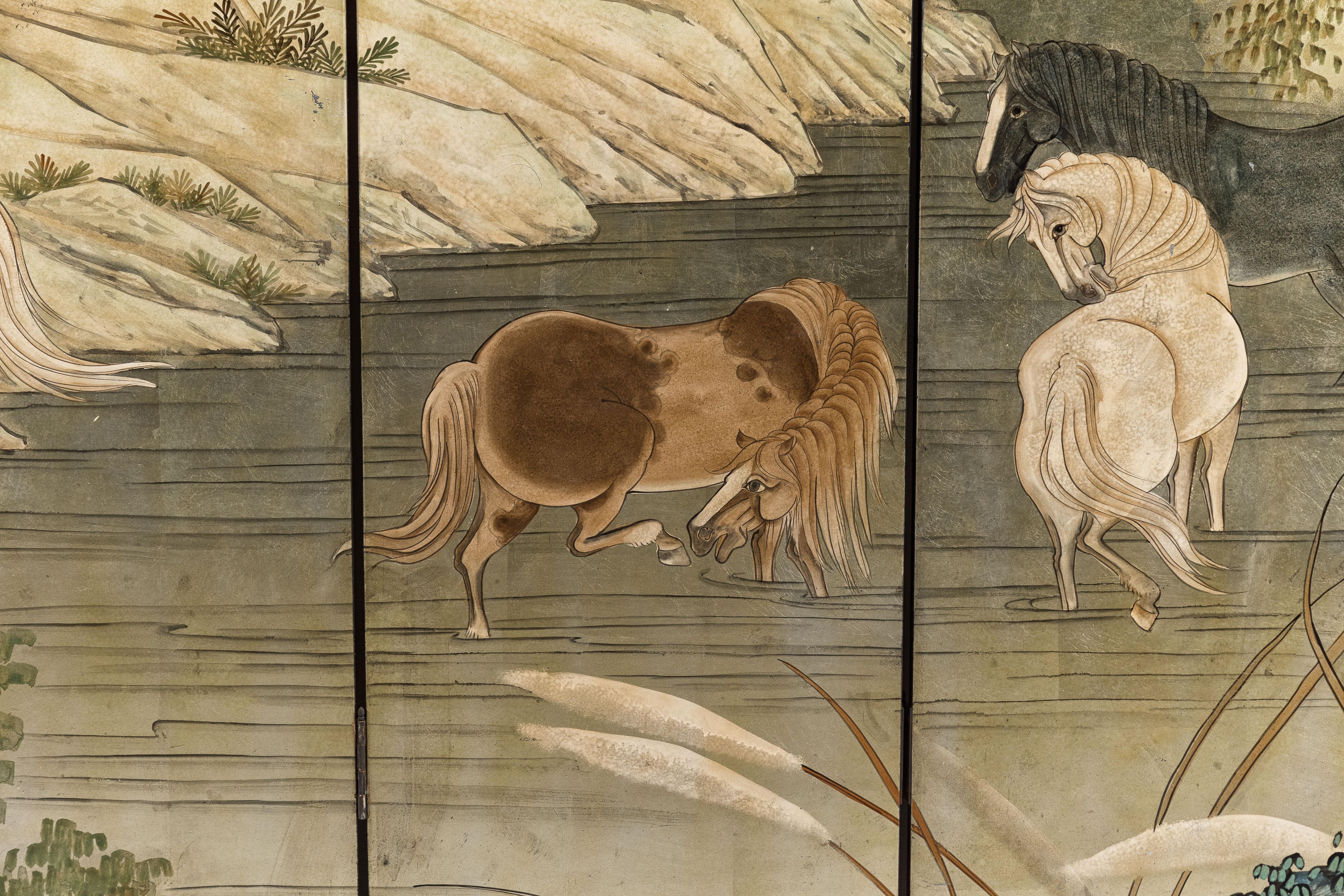 Sechsteiliger japanischer Vintage-Raumteiler aus Gold mit Landschaft und mythischen Pferden 2