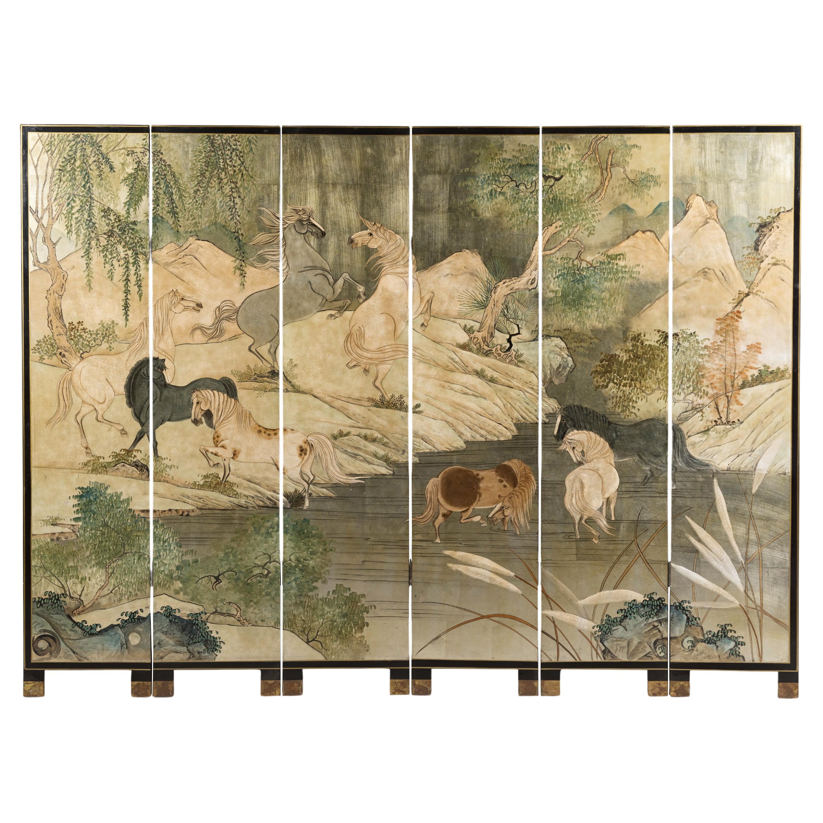Japanese Vintage Six-Panel Gold Screen with Landscape and Mythical Horses For Sale