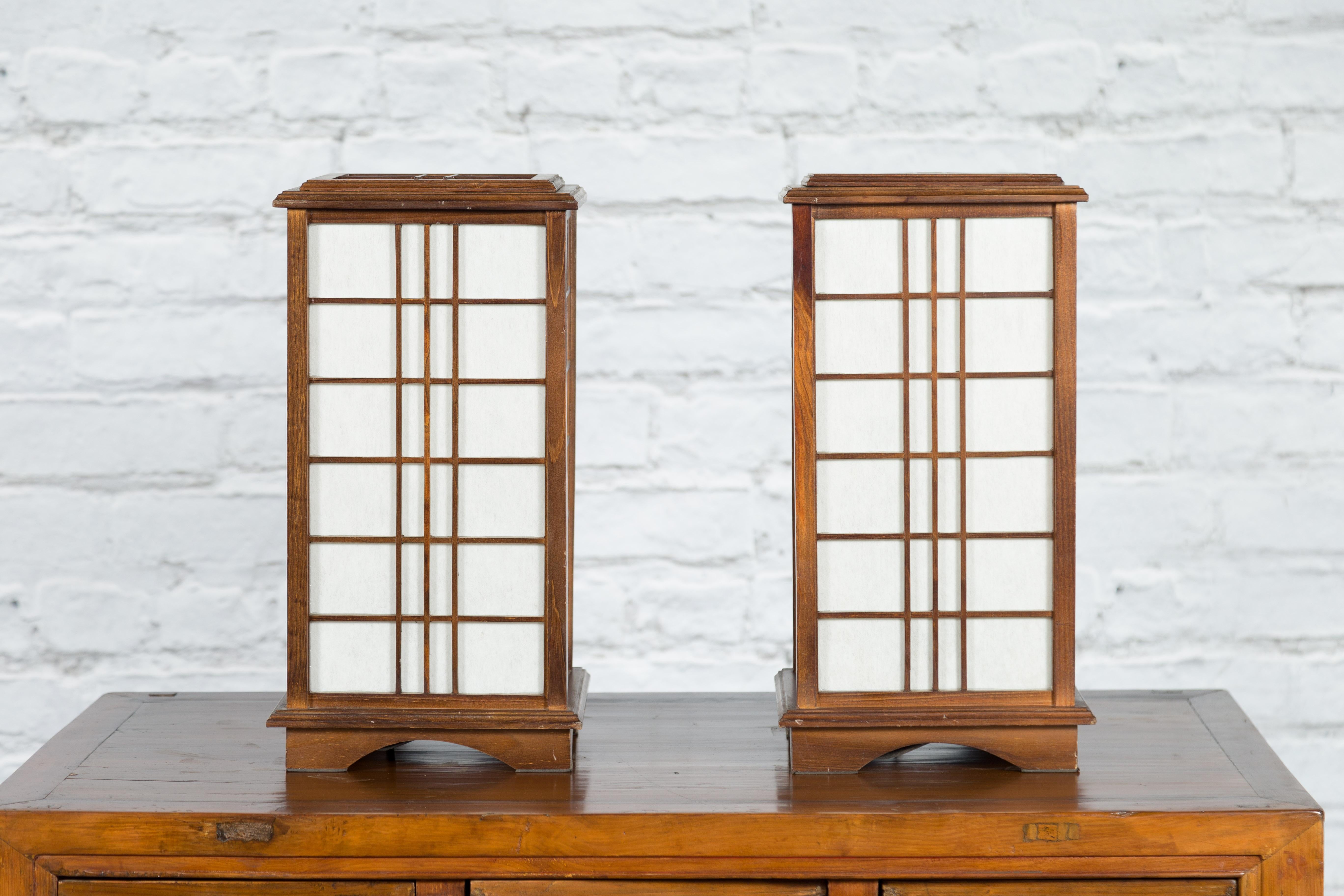 20th Century Japanese Vintage Square Two-Lights Lamps with Rice Paper Panels, Sold Each