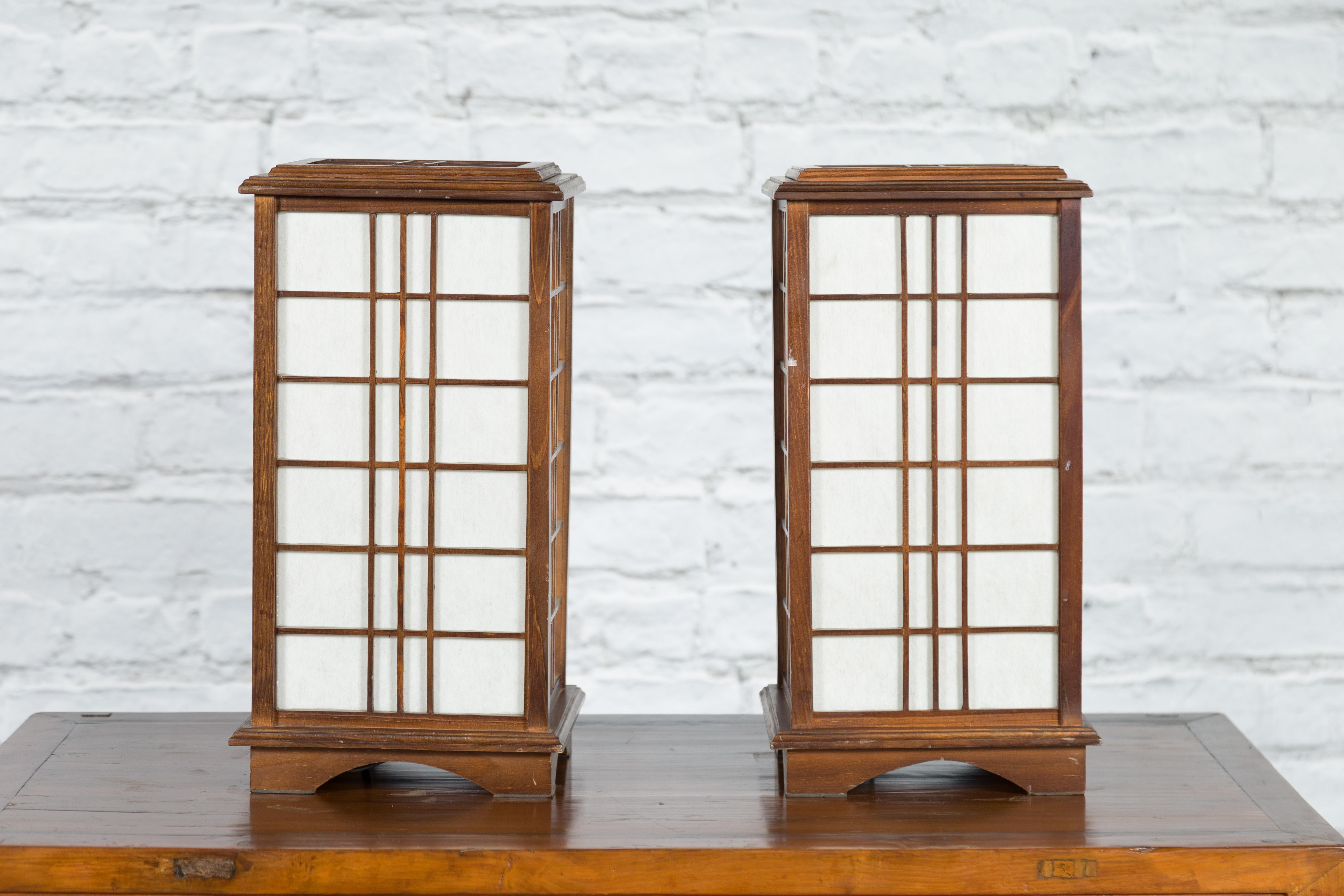 Wood Japanese Vintage Square Two-Lights Lamps with Rice Paper Panels, Sold Each