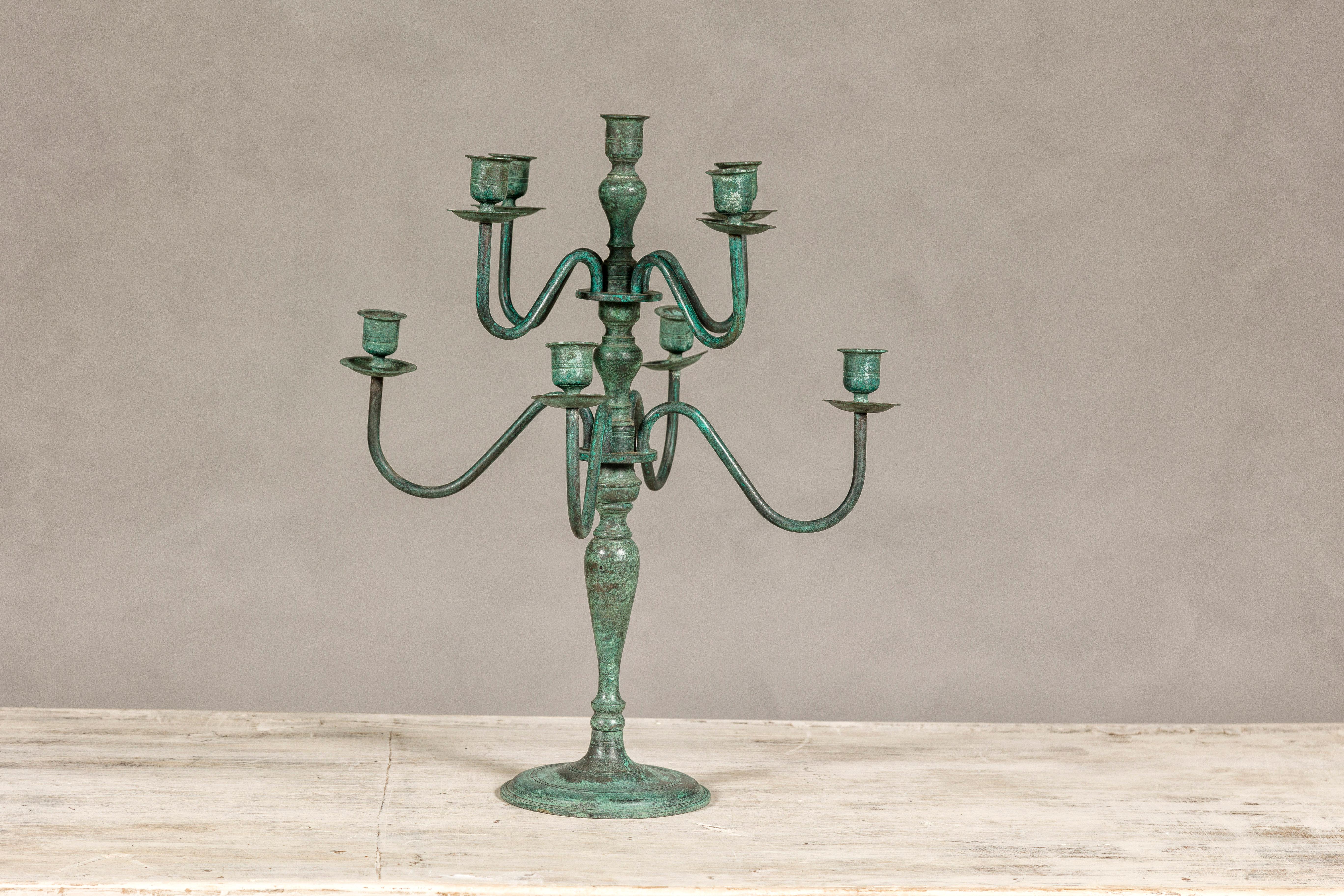 Japanese Vintage Two-Tiered Eight Arm Candelabra with Verdigris Patina For Sale 4